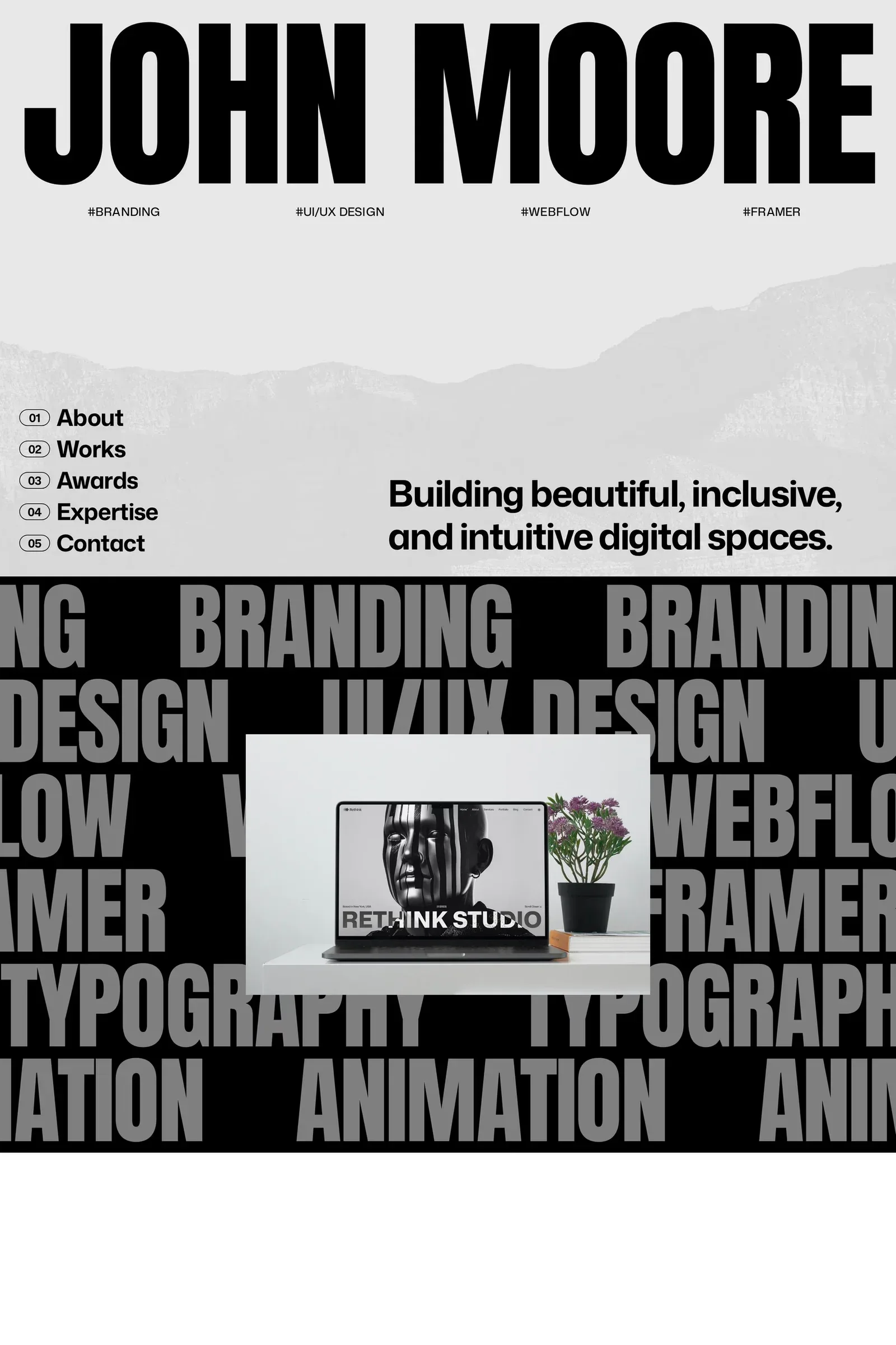 Moore — screenshot of a design portfolio template in grey and black, with big type and blend modes