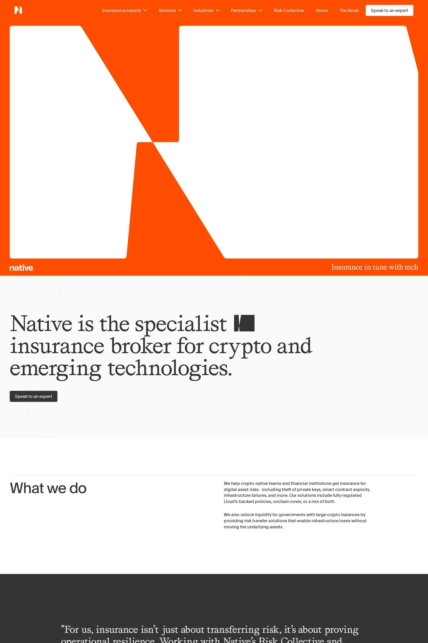 Native — screenshot of a colourful, typographic finance landing page in orange and white