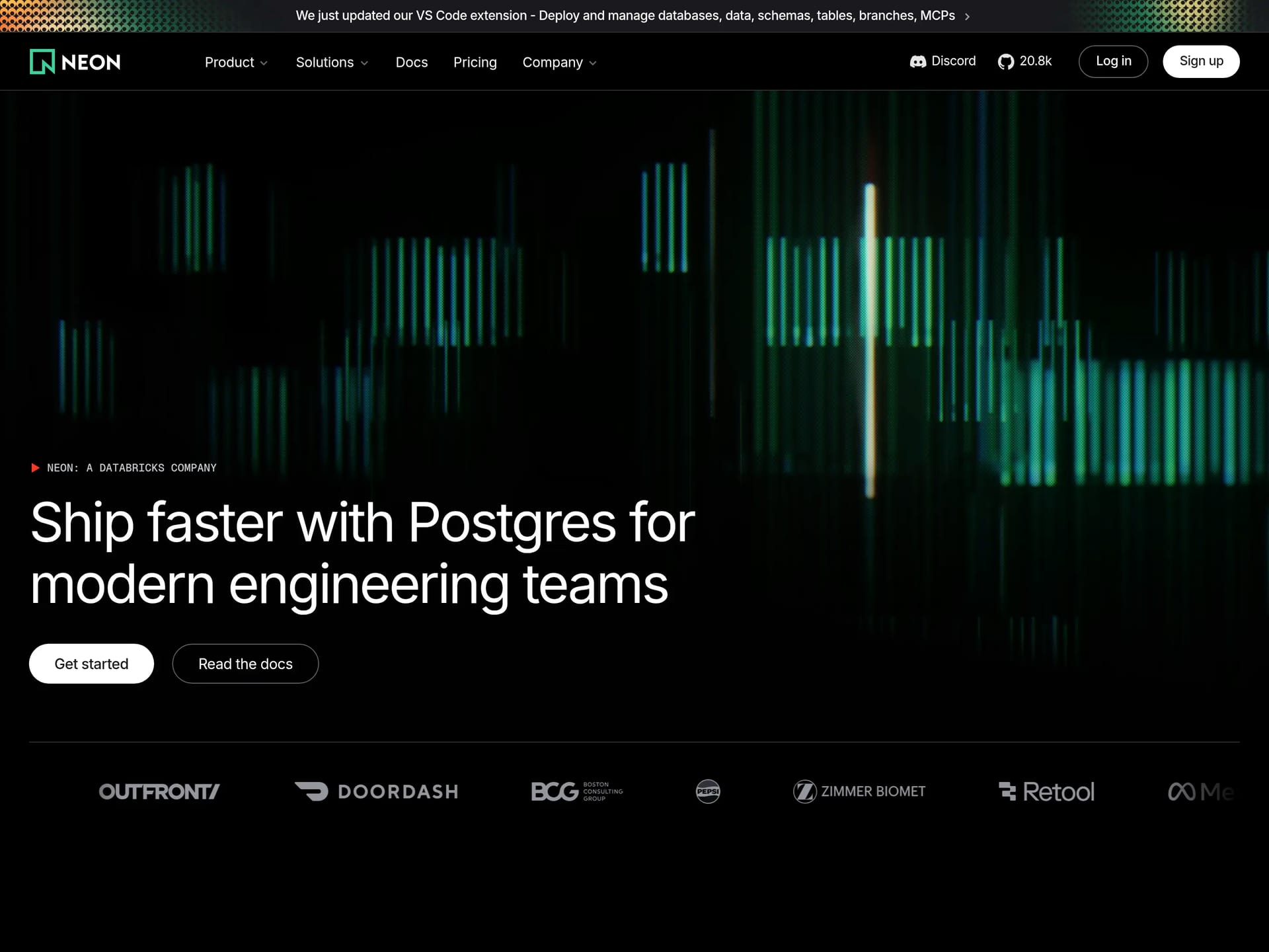Neon — screenshot of a dark, techy software landing page in black and green