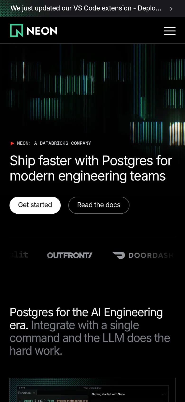 Neon — mobile screenshot of a dark, techy software landing page in black and green