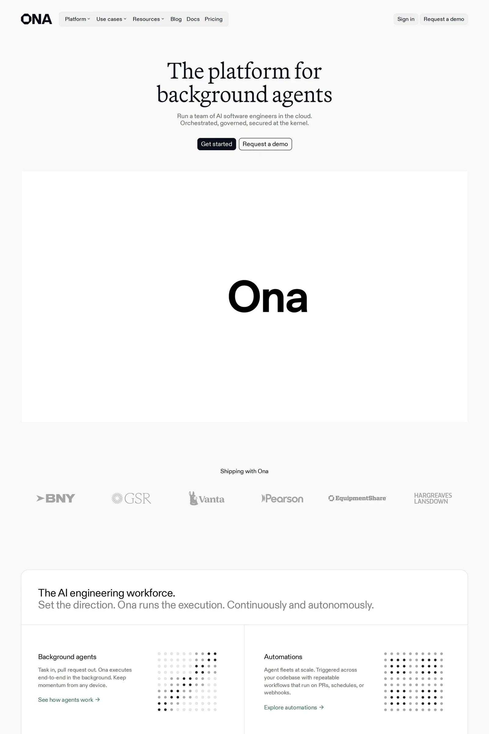 Ona — screenshot of a techy, minimal software landing page in white and dark blue