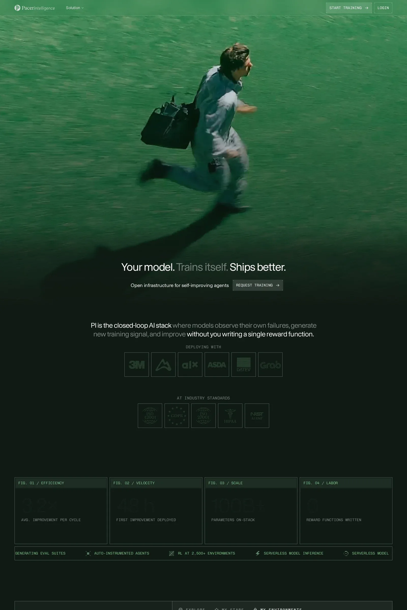 Pacer Intelligence — screenshot of a dark, monochrome AI landing page in dark green and green