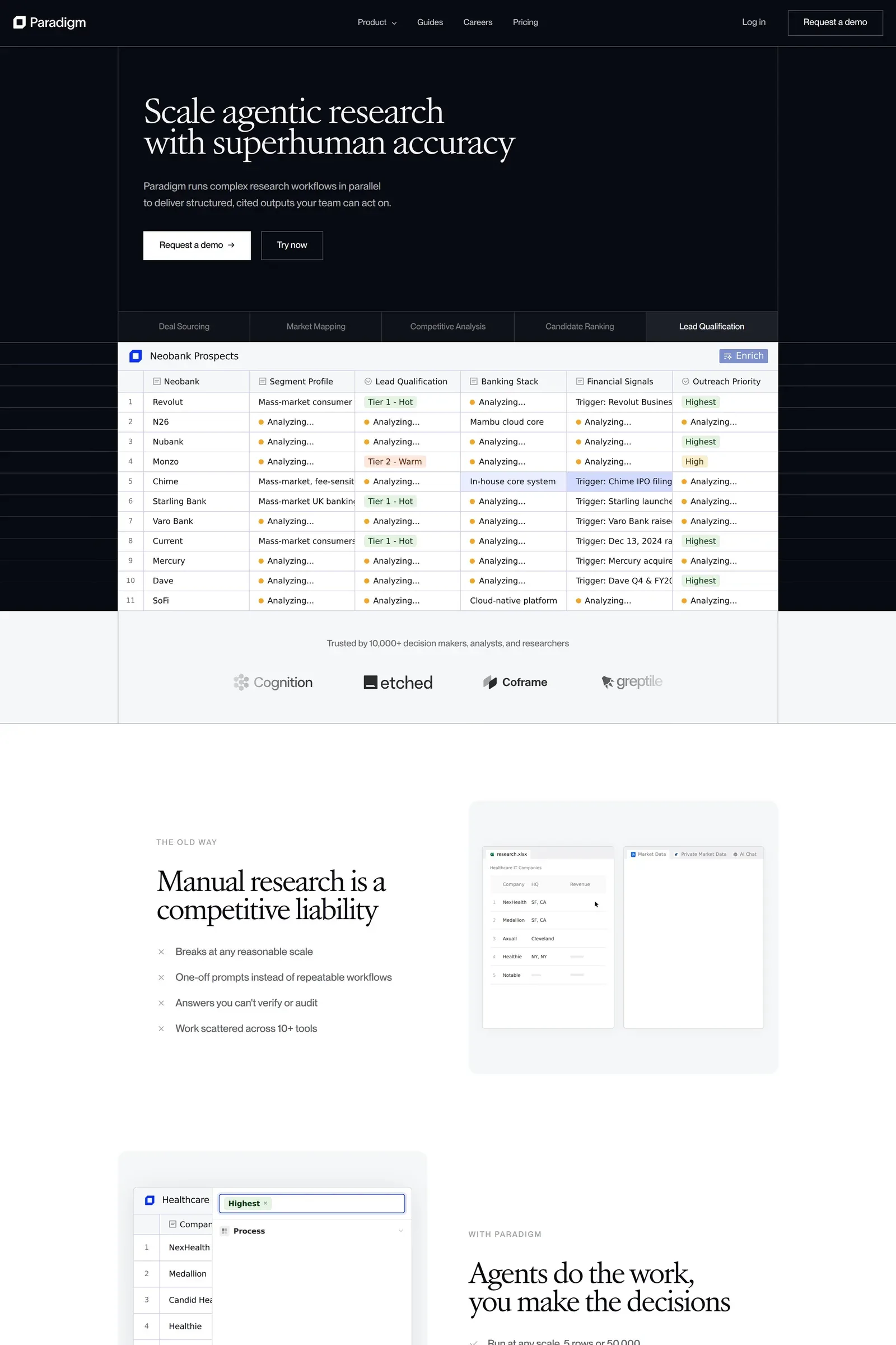 Paradigm — screenshot of a dark, minimal AI landing page in dark blue and black
