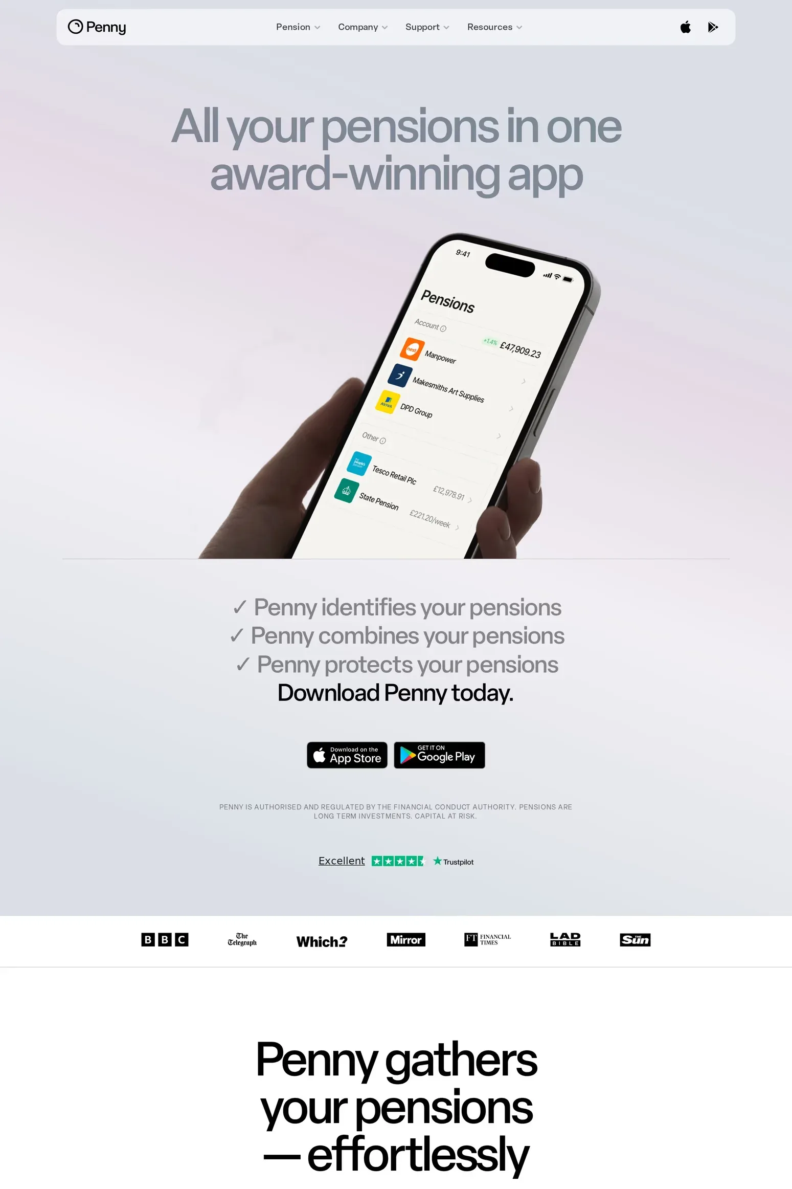 Penny Pension — screenshot of a minimal finance landing page in white and light grey