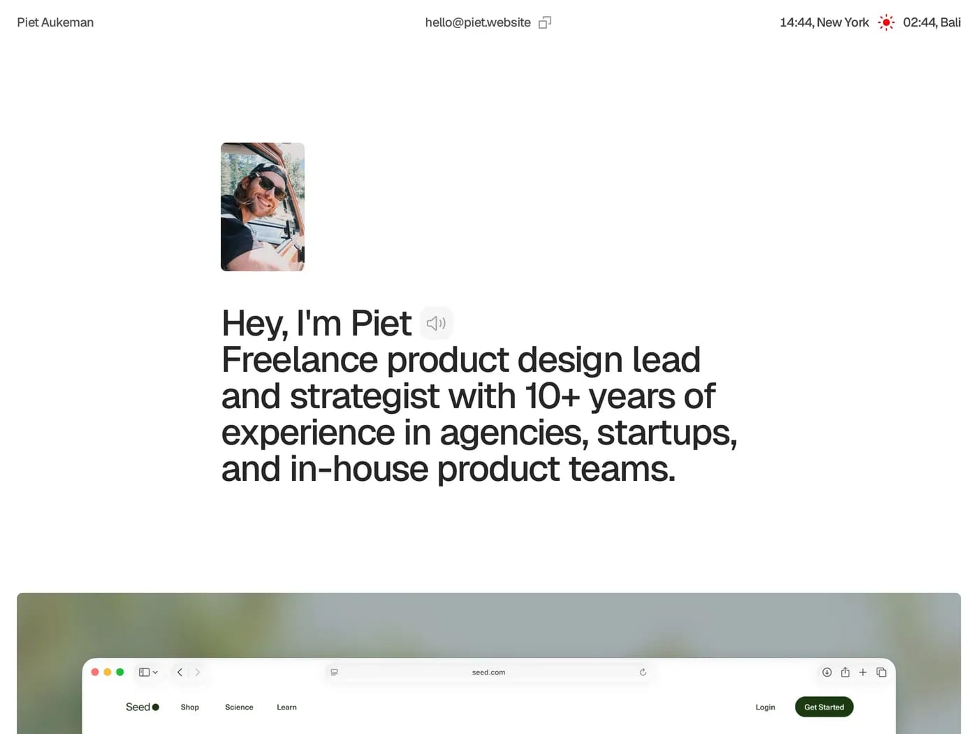 Piet Aukeman — screenshot of a minimal design portfolio site in dark grey and blue