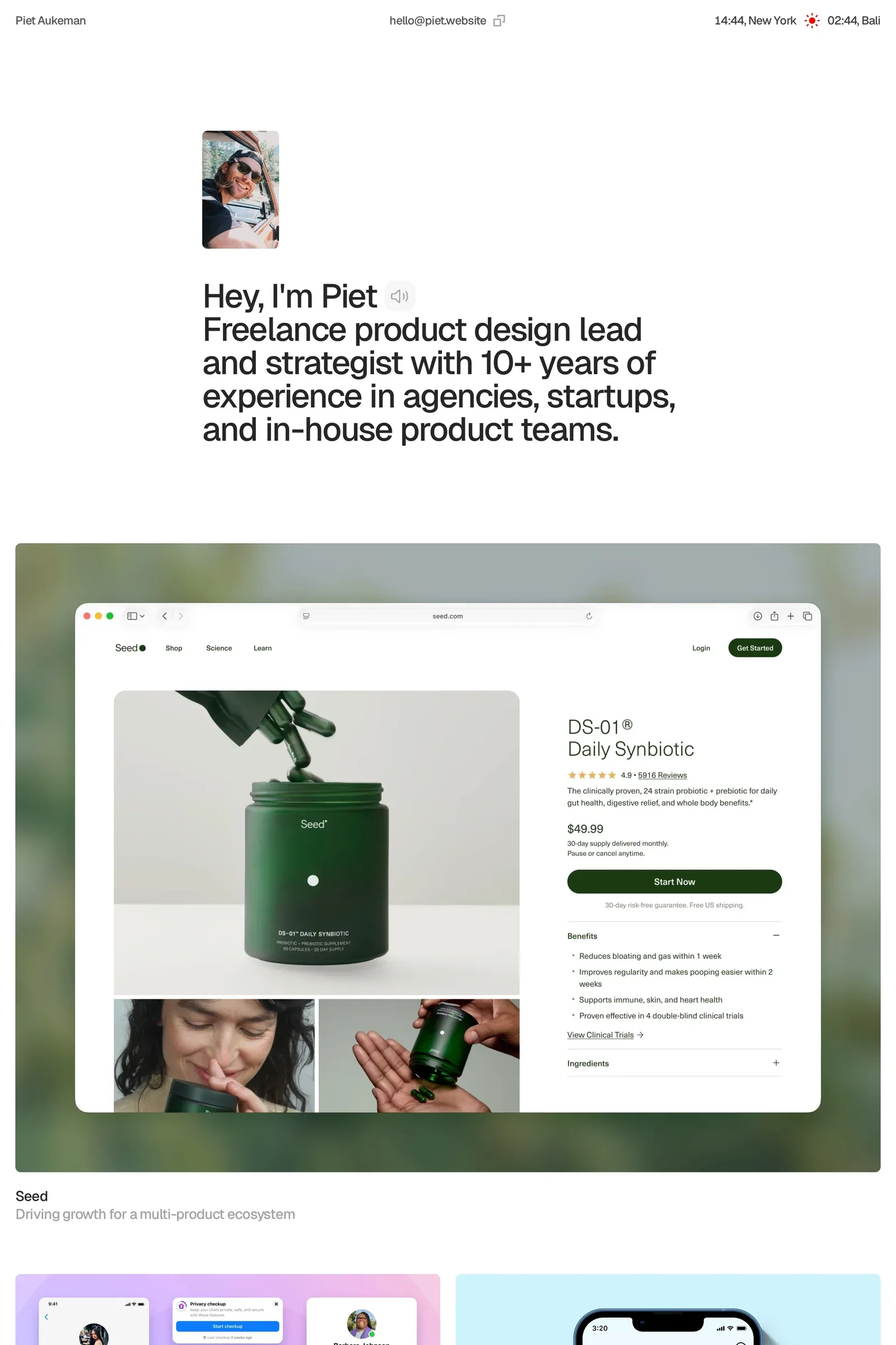 Piet Aukeman — screenshot of a minimal design portfolio site in dark grey and blue