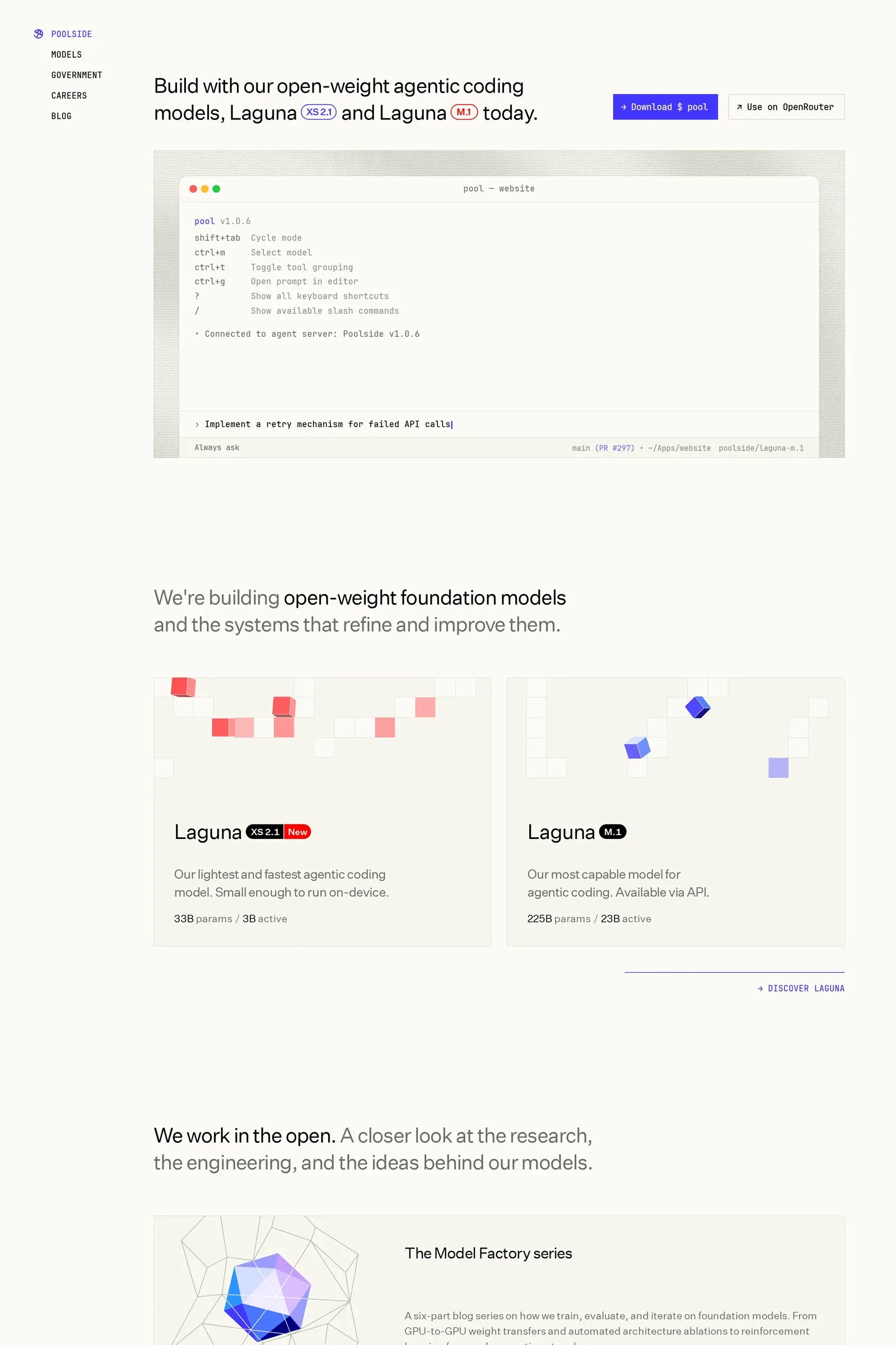 Poolside — screenshot of a techy, isometric AI landing page in white and blue
