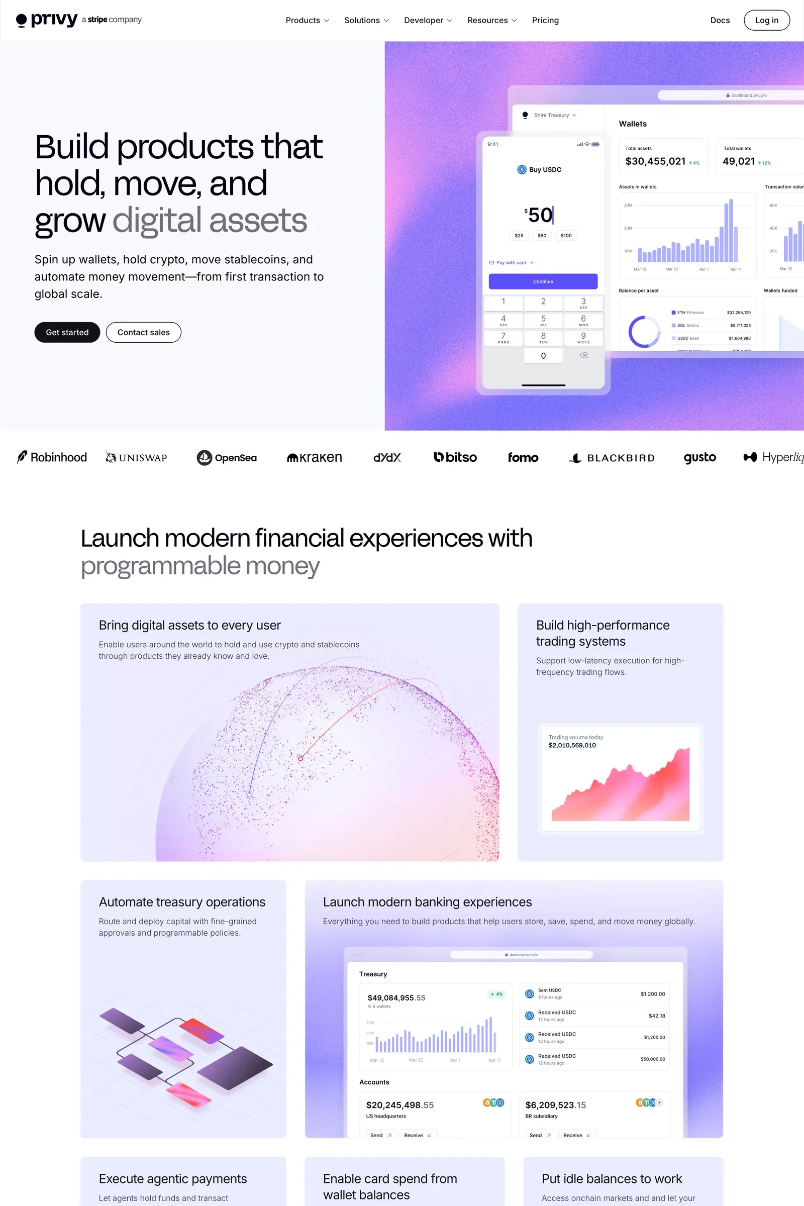Privy — screenshot of a techy, detailed Web3 and crypto landing page in white and light purple