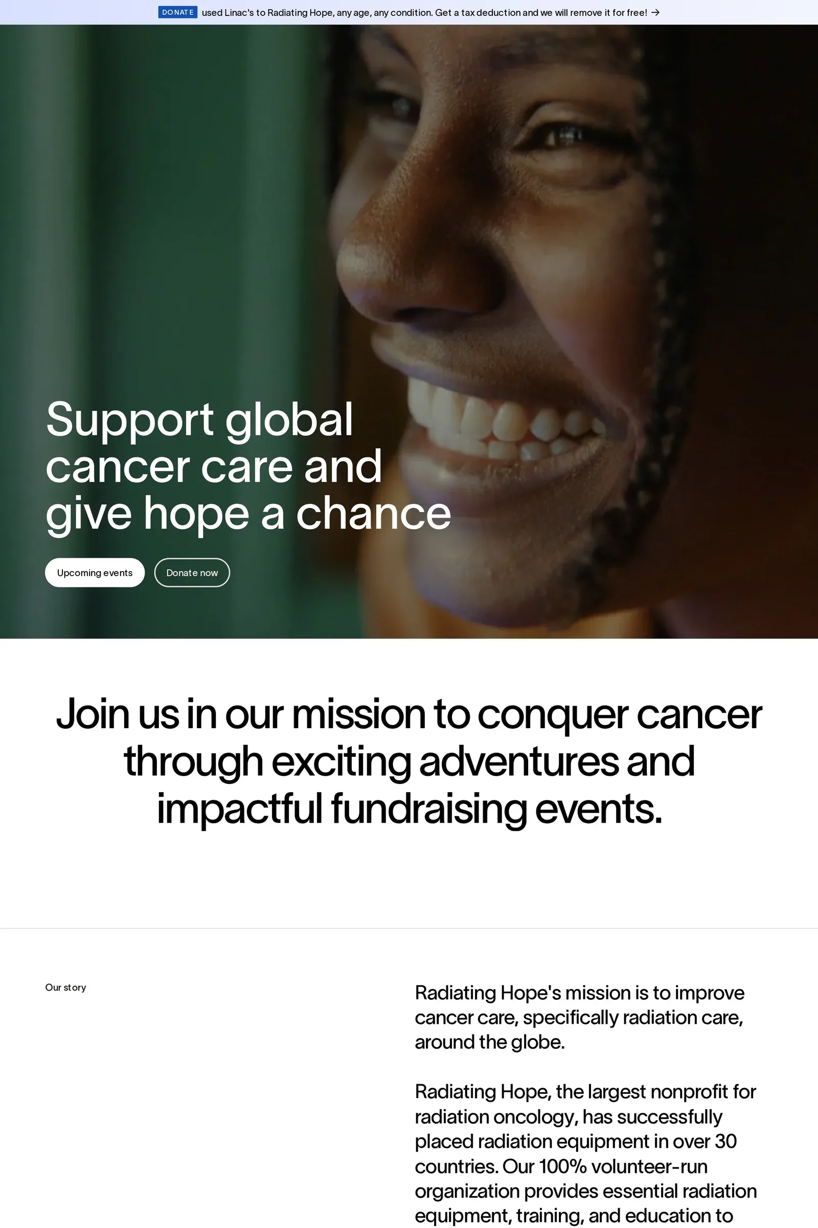 Radiating Hope — screenshot of a typographic, neutral charity landing page in black and white