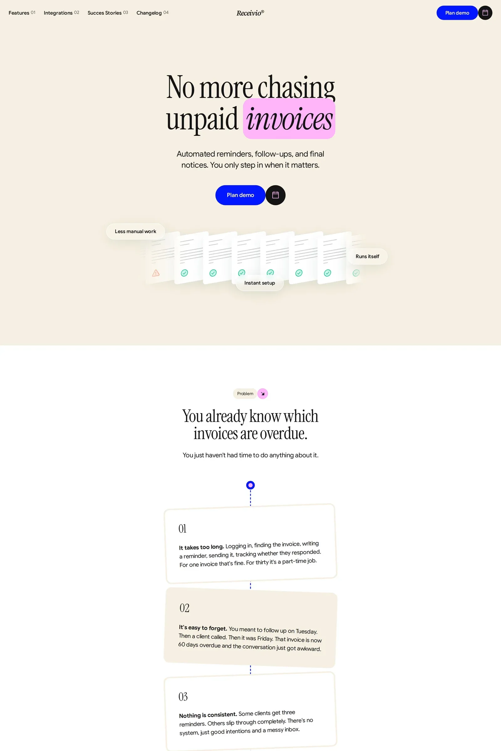 Receivio — screenshot of a software landing page template in beige and black, with serif type and patterns
