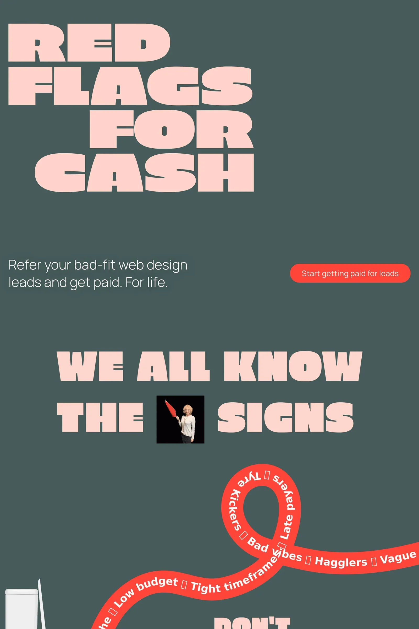 Red Flags For Cash — screenshot of a 3D marketing landing page in dark green and red