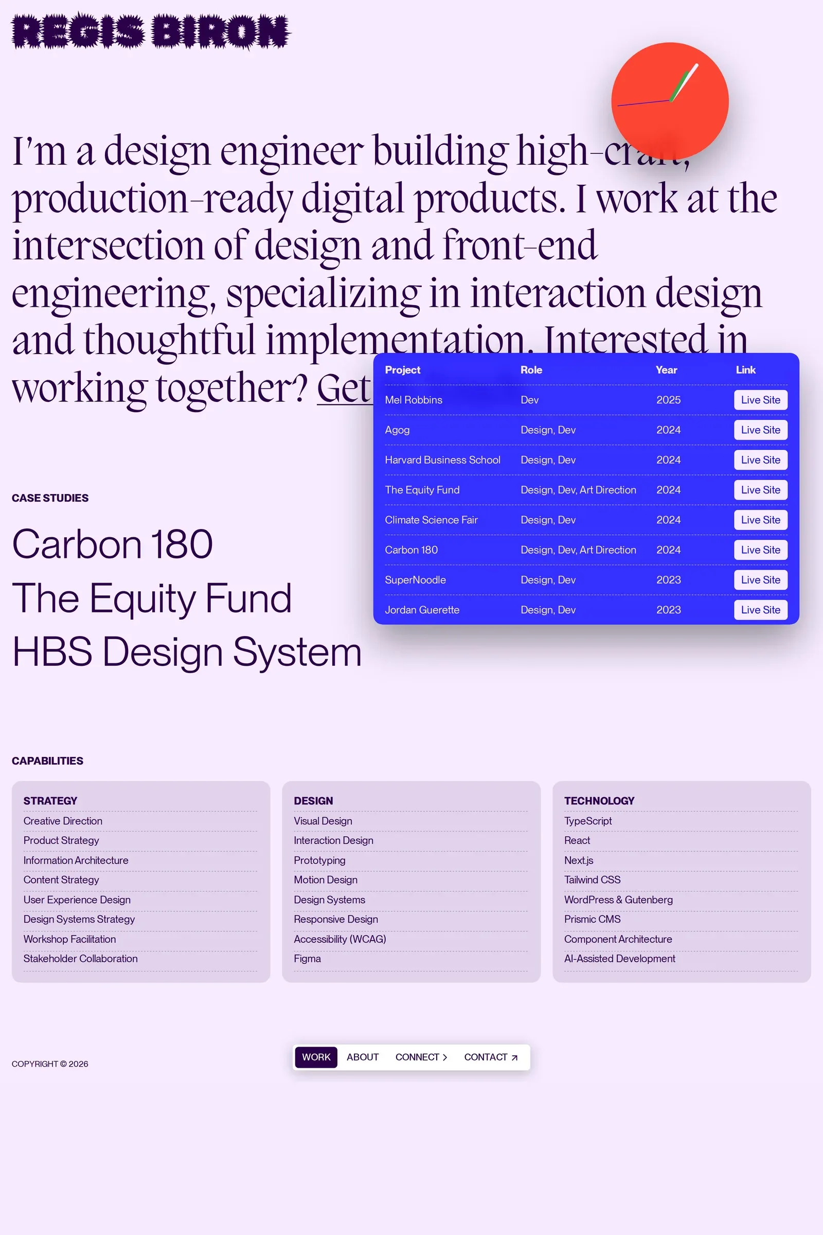 Regis Biron — screenshot of a minimal design portfolio site in light purple and red