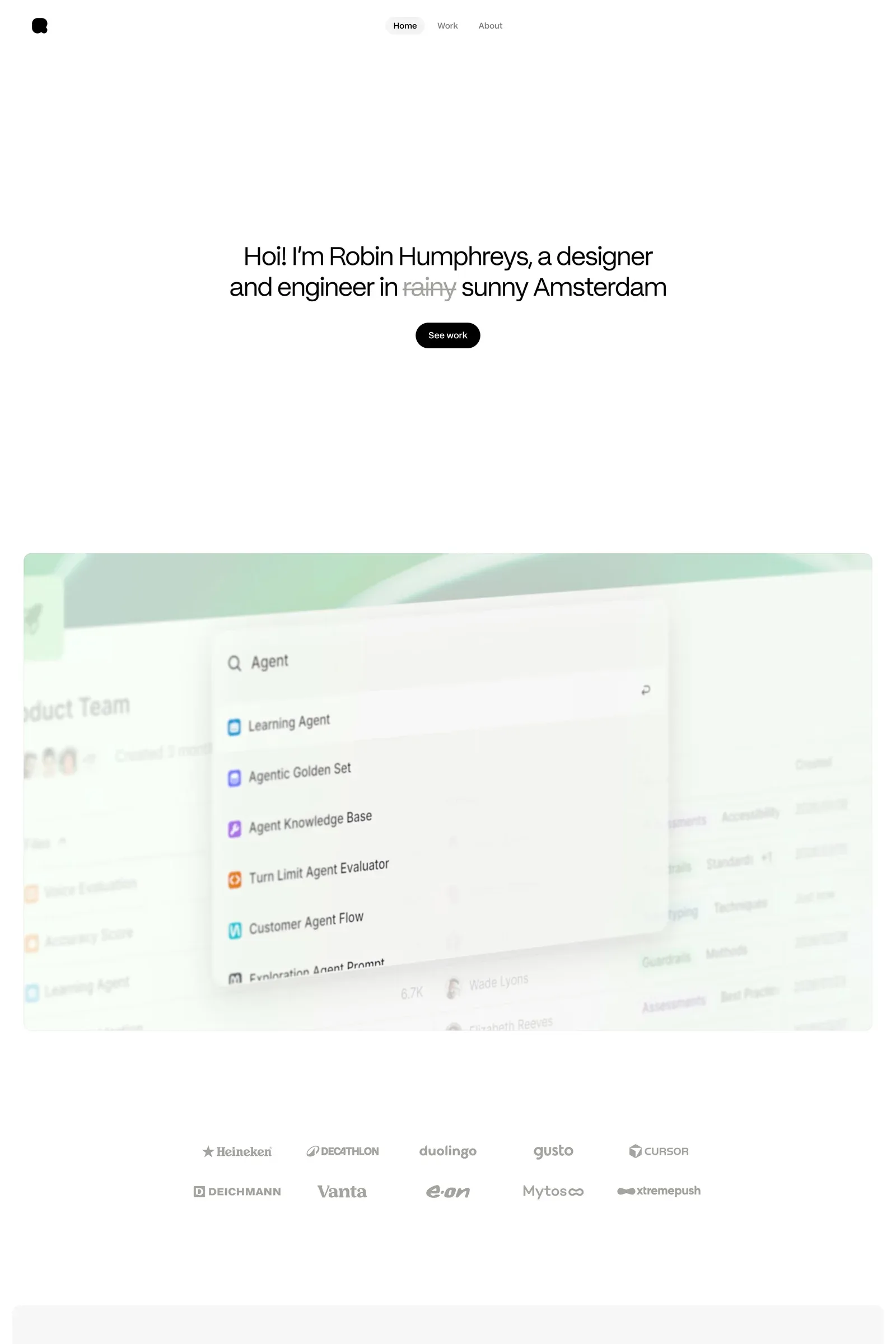 Robin Humphreys — screenshot of a minimal, typographic design portfolio site in white and black
