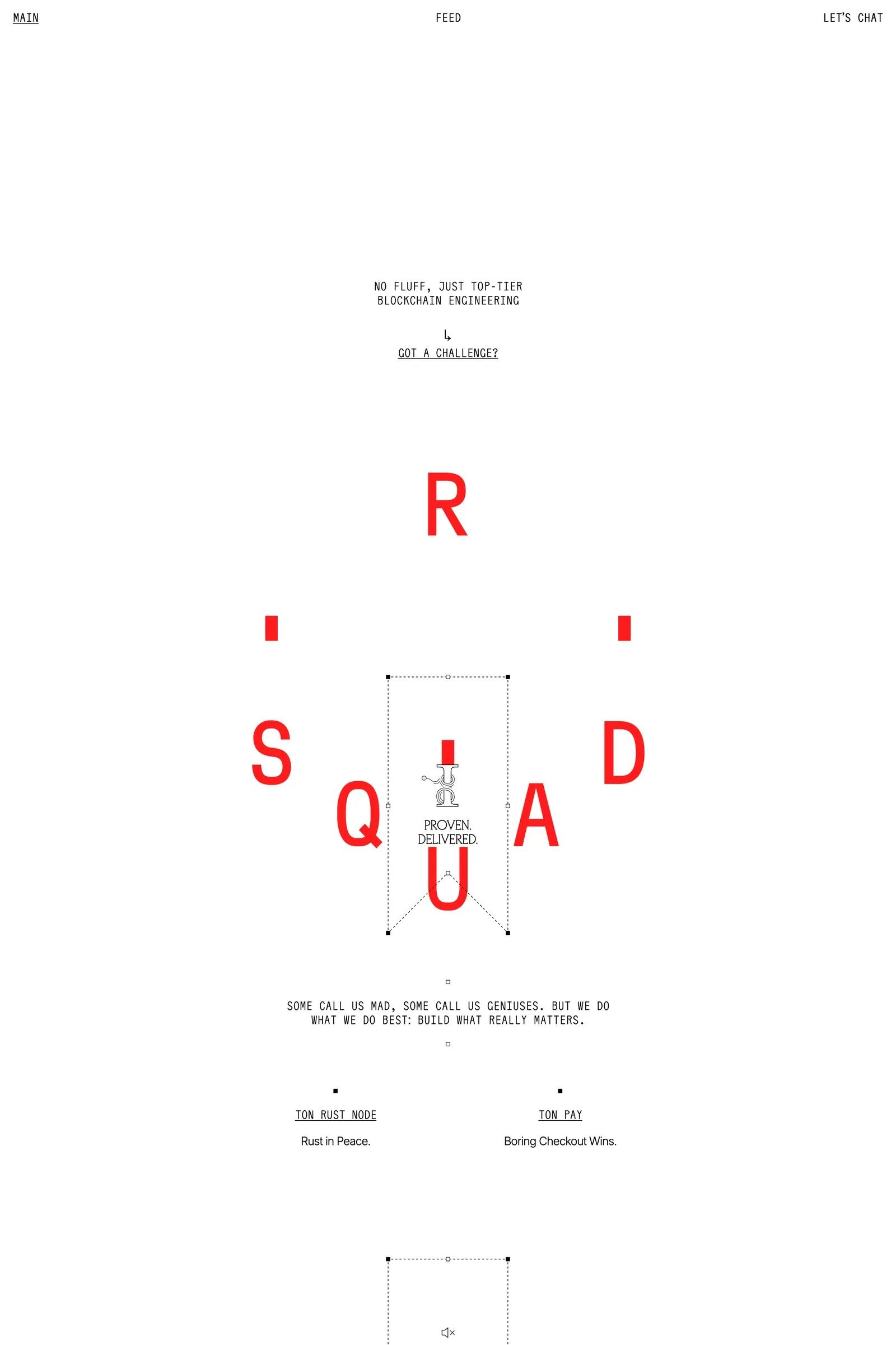 RSquad — screenshot of a typographic, minimal Web3 and crypto agency site in white and red
