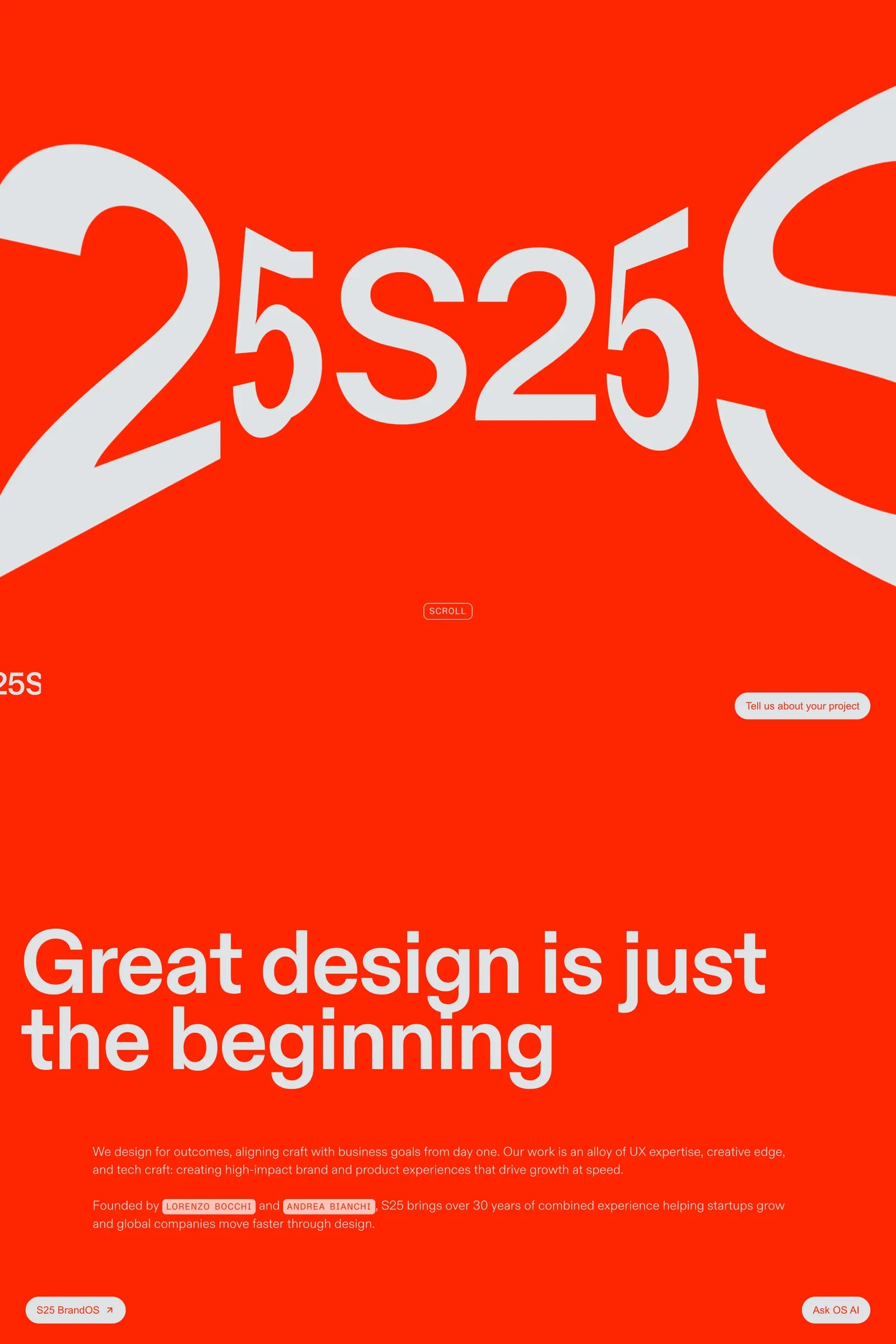 S25 Studio — screenshot of a typographic, bright design agency site in red and light grey