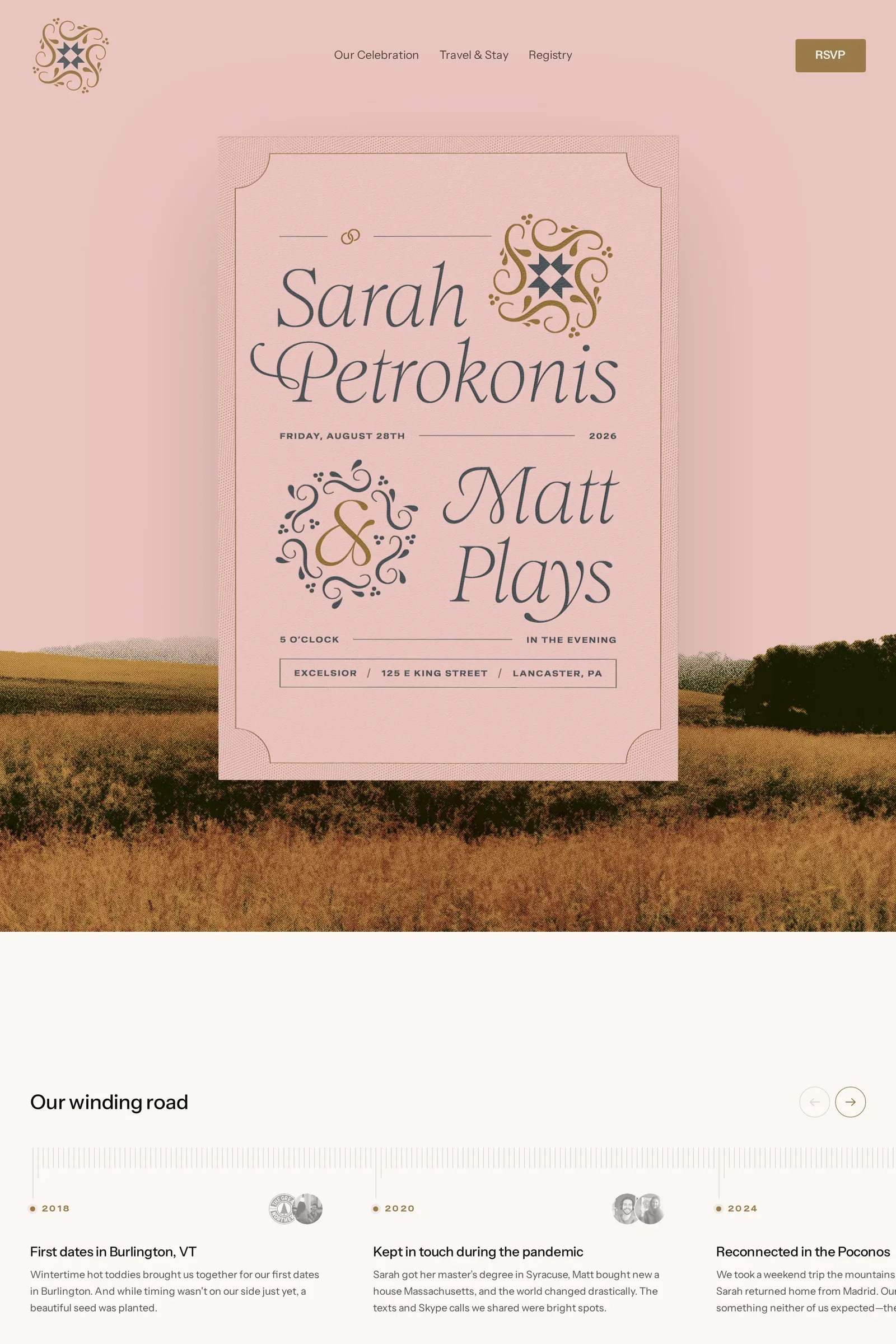Sarah & Matt — screenshot of an elegant, typographic events landing page in gold and dark blue