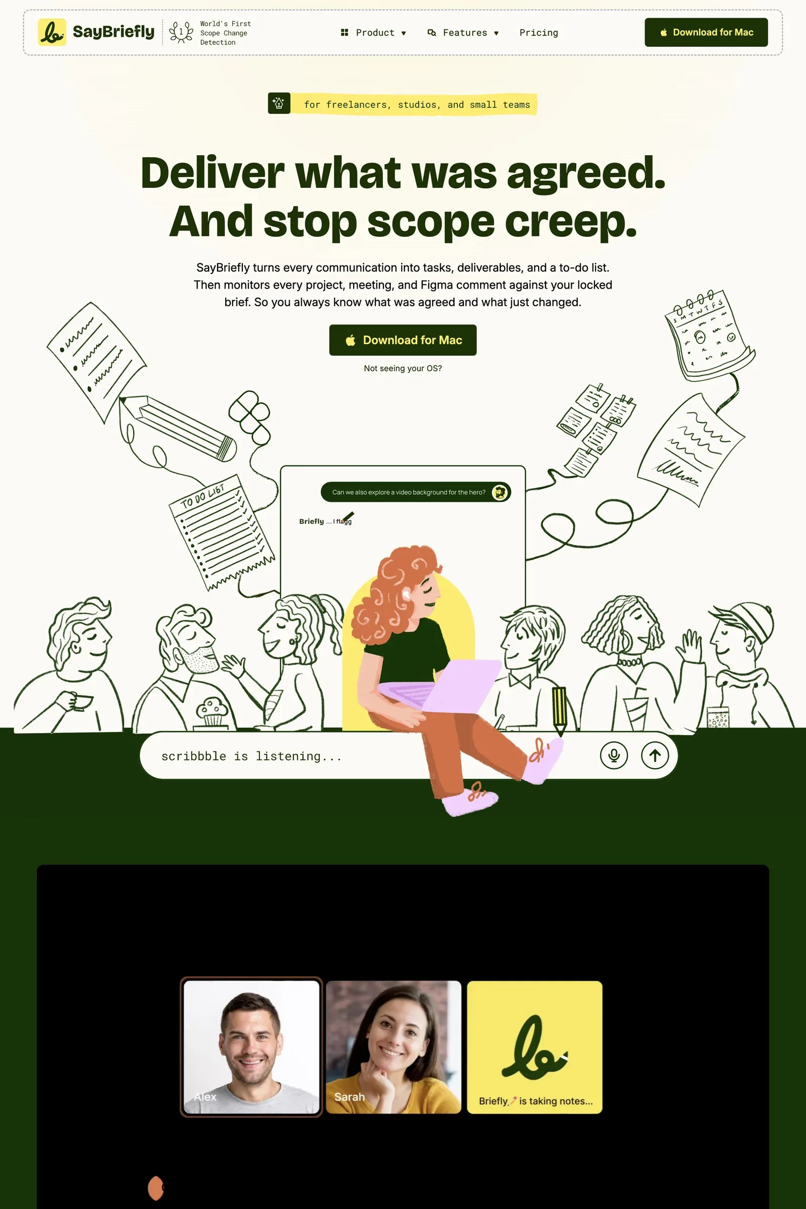 SayBriefly — screenshot of a hand-drawn, colourful AI landing page in cream and dark green