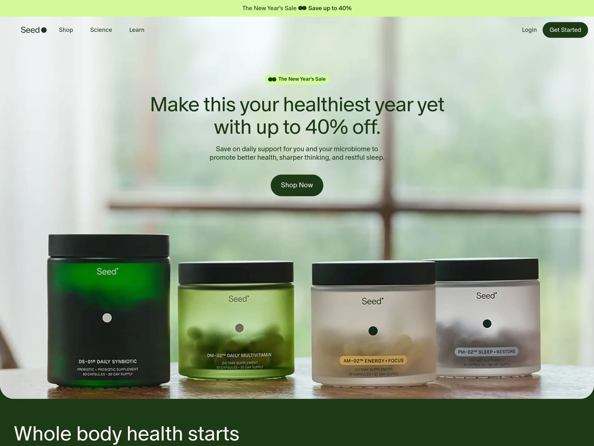 Seed — screenshot of a 3D health online shop in light green and dark green
