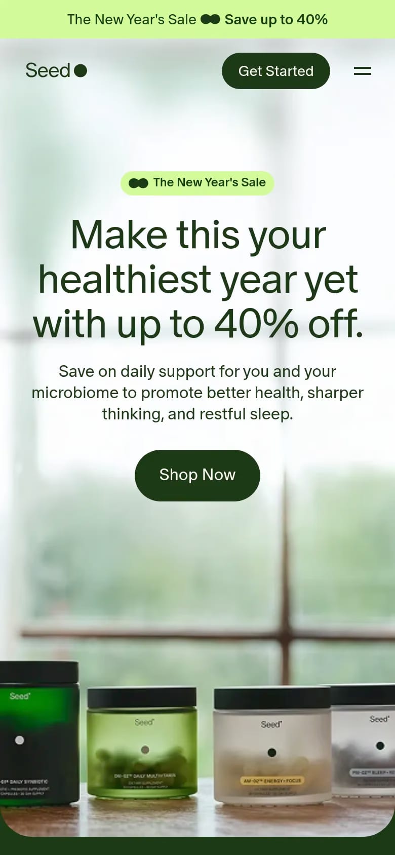 Seed — mobile screenshot of a 3D health online shop in light green and dark green