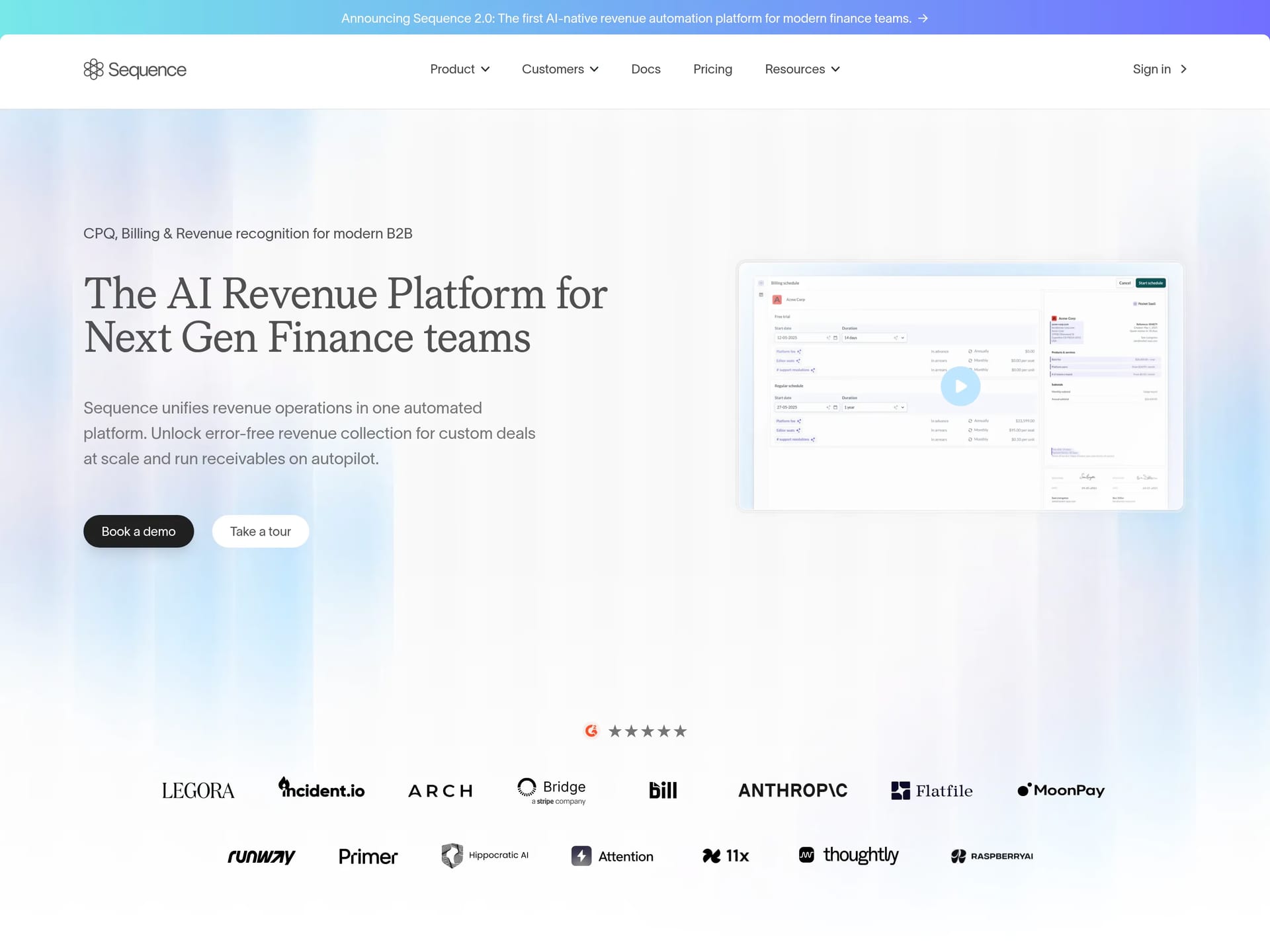 Sequence — screenshot of a clean, light finance landing page in white and dark blue