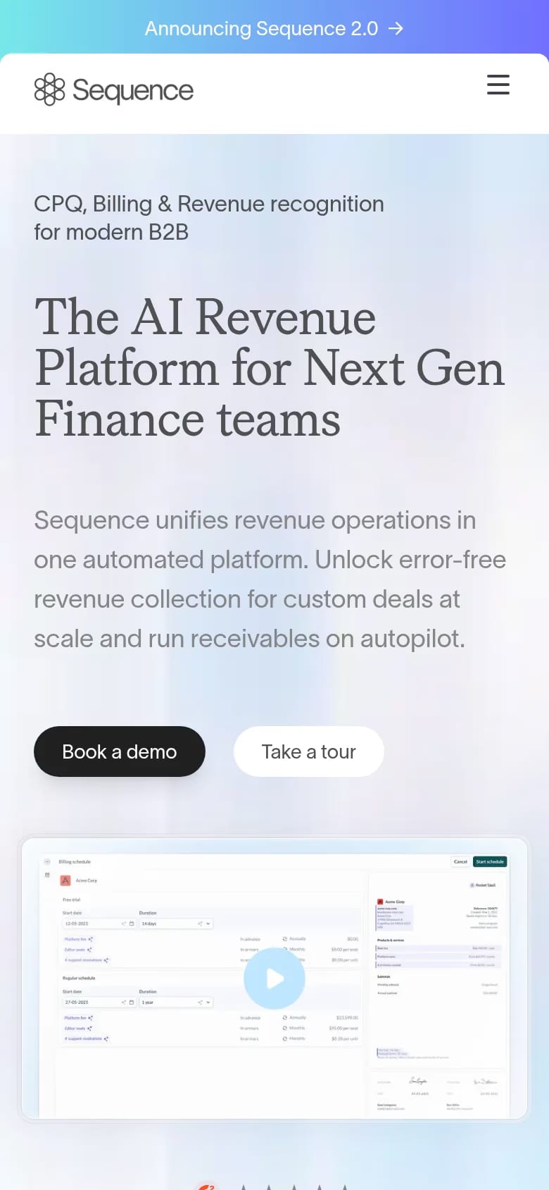 Sequence — mobile screenshot of a clean, light finance landing page in white and dark blue