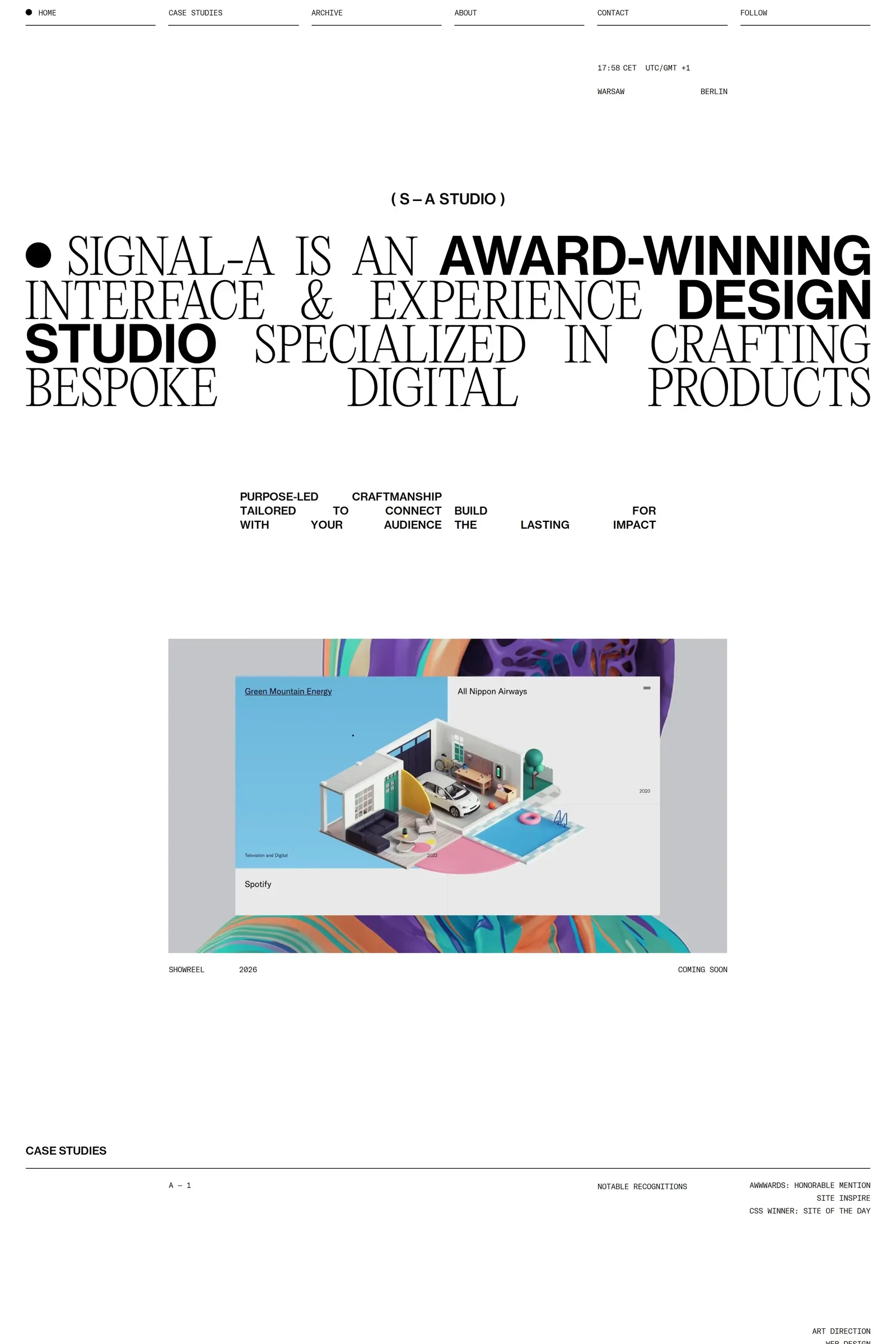 Signal-A Studio — screenshot of a black-and-white, typographic design agency site in white and black