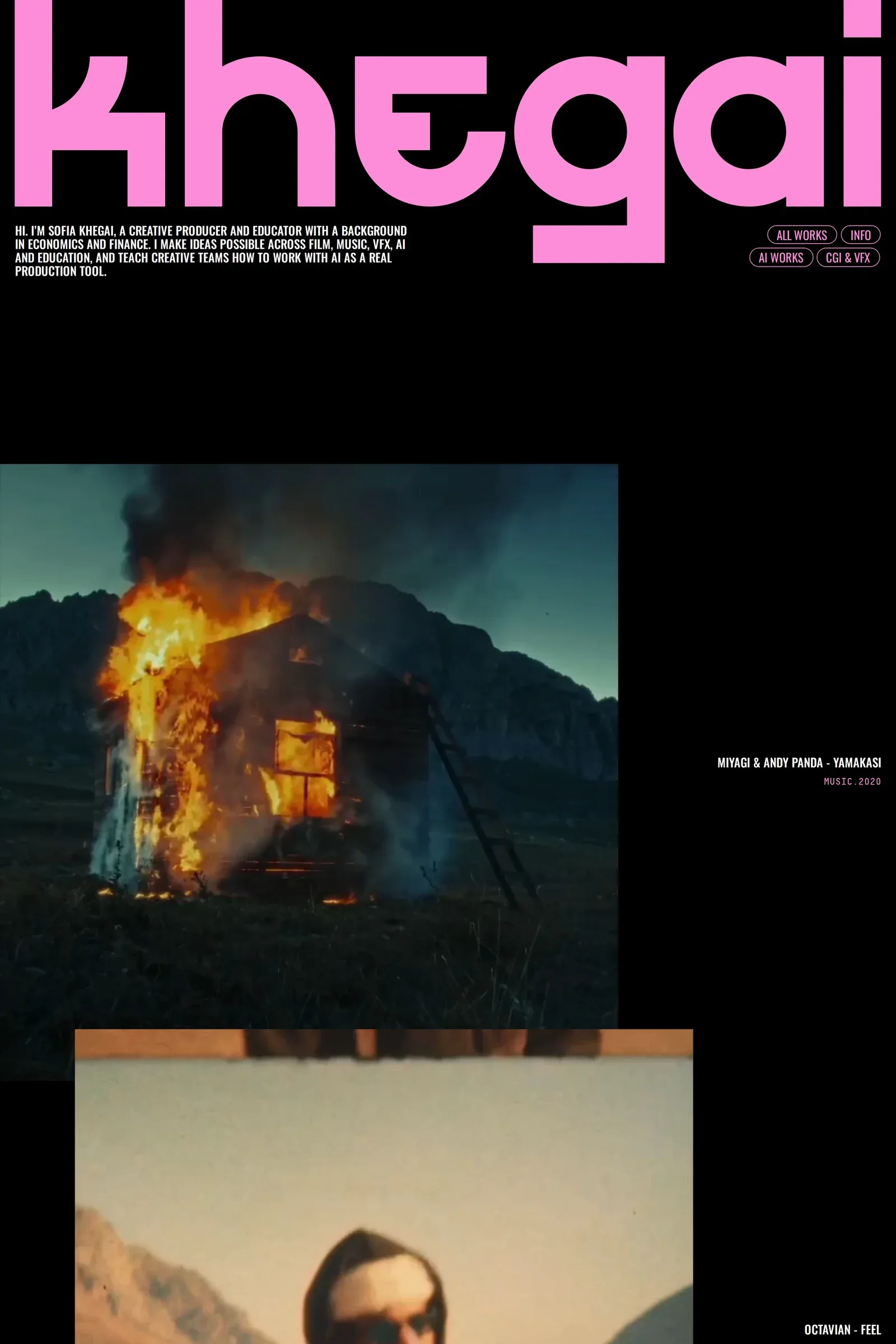 Sofia Khegai — screenshot of a dark, typographic music portfolio site in black and pink