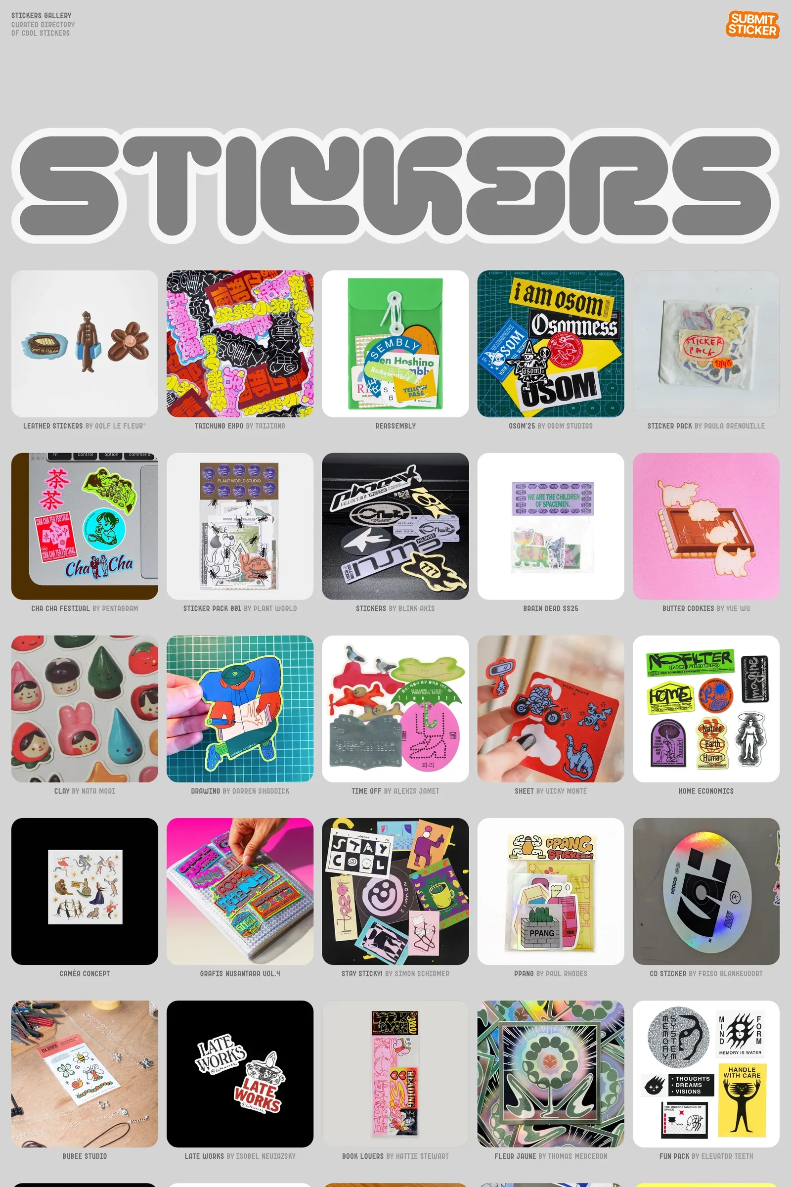 Stickers Gallery — screenshot of a fun design directory site in grey
