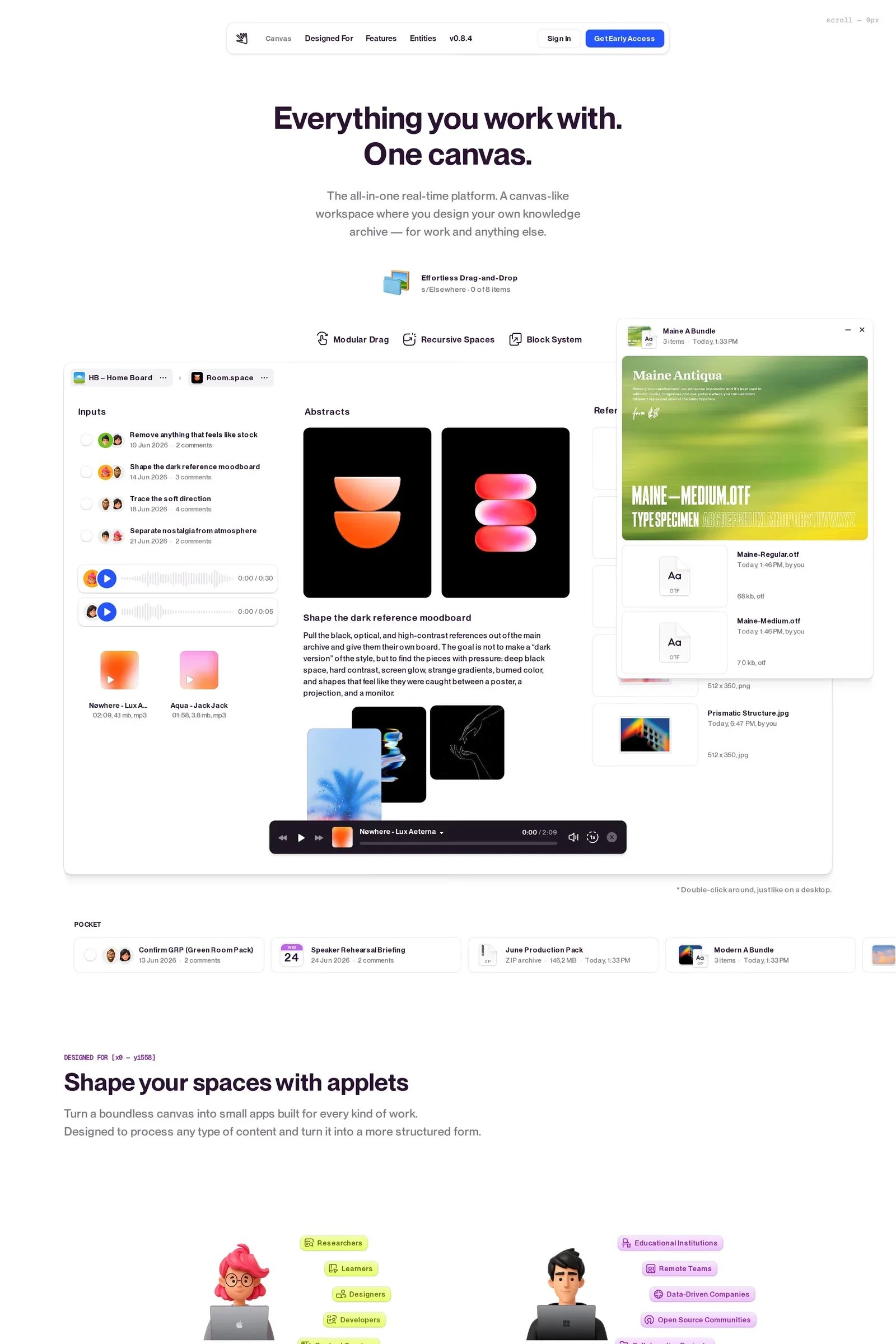 Strata — screenshot of a minimal, typographic productivity landing page in white and dark blue