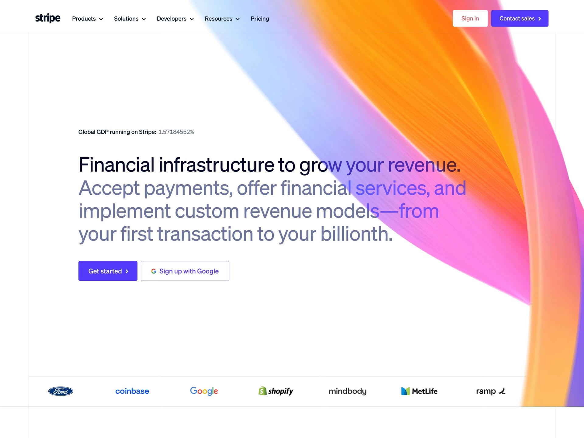 Stripe — screenshot of a clean, light finance landing page in white and purple