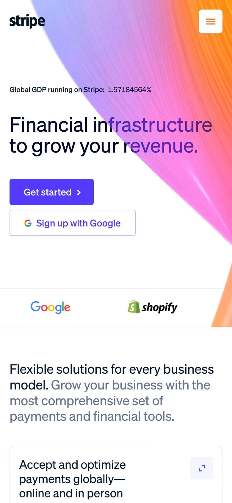 Stripe — mobile screenshot of a clean, light finance landing page in white and purple