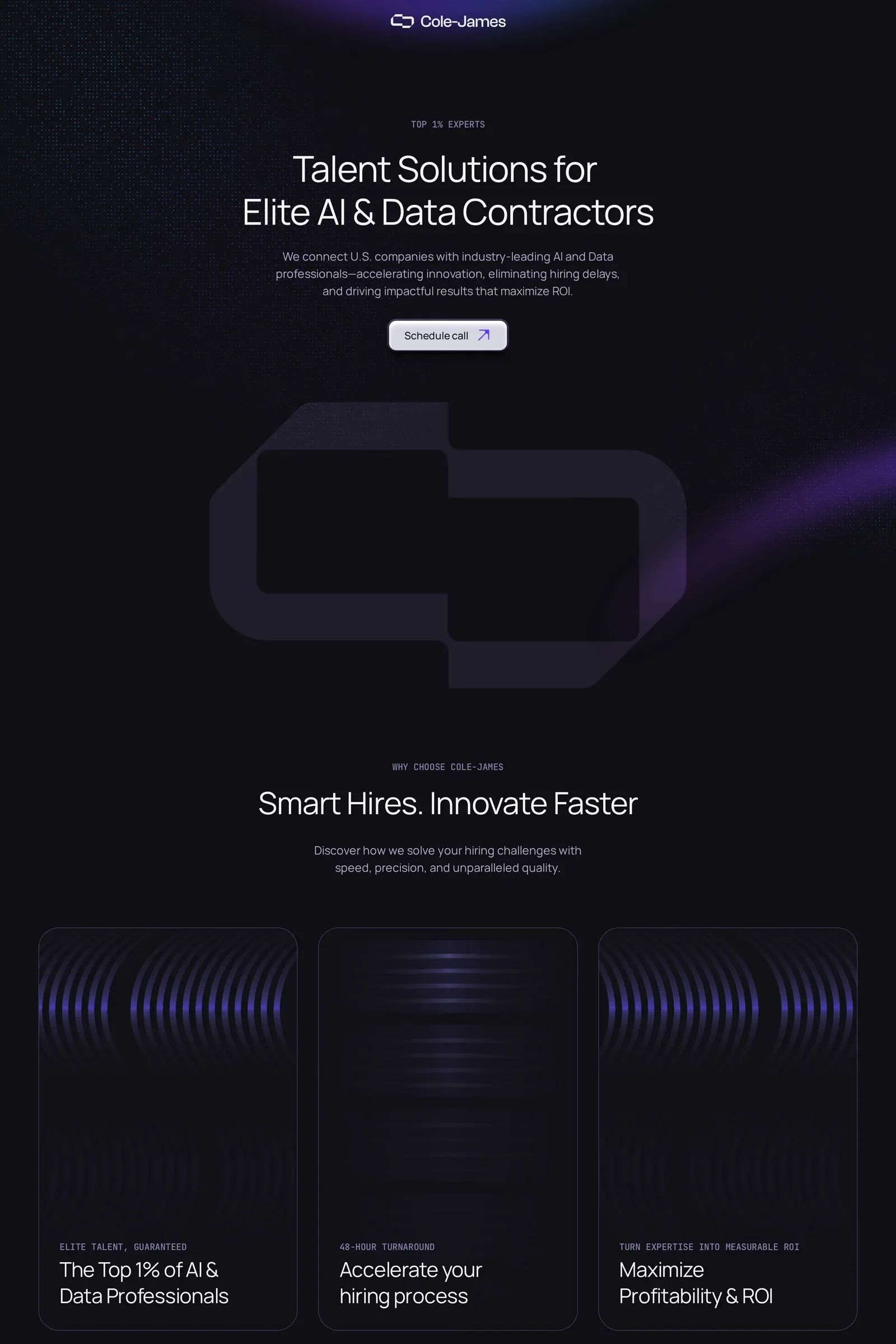 Talent Solutions — screenshot of a dark AI agency site in dark blue and dark purple
