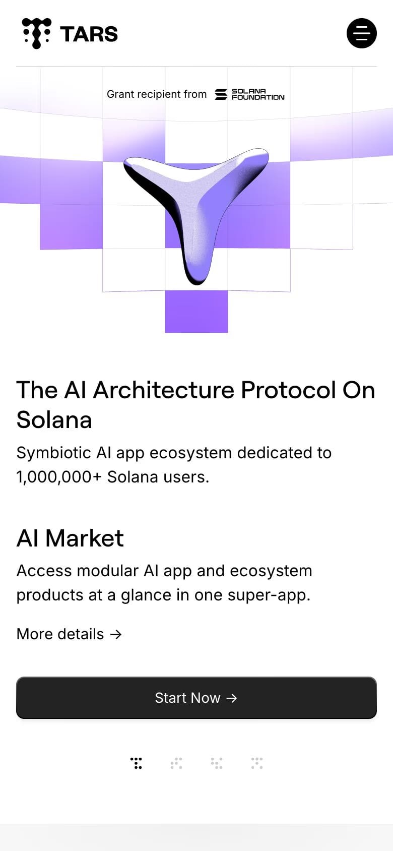 Tars — mobile screenshot of a detailed, noisy Web3 and crypto landing page in white and black