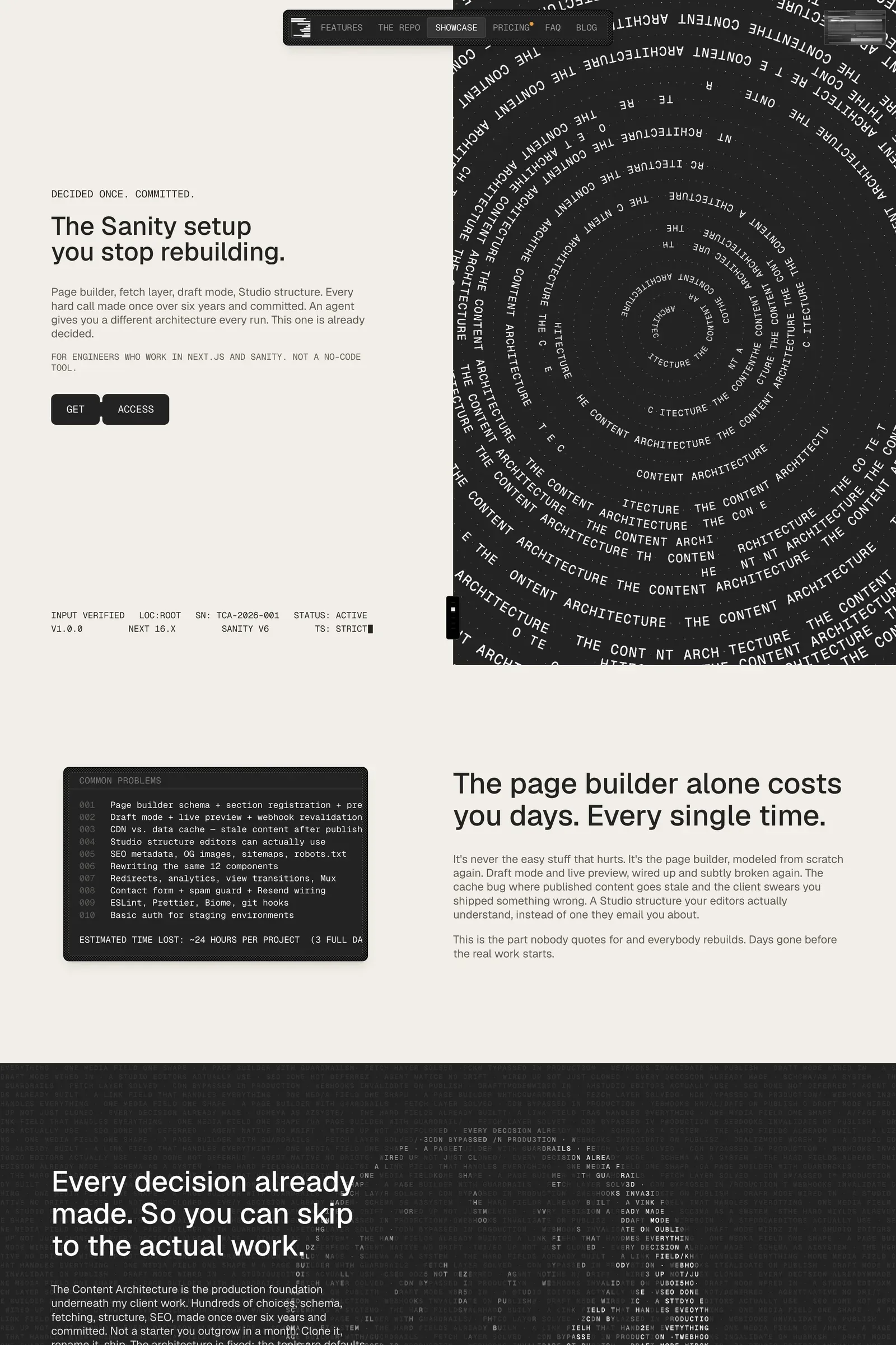 The Content Architecture — screenshot of a typographic, black-and-white development landing page in black and beige