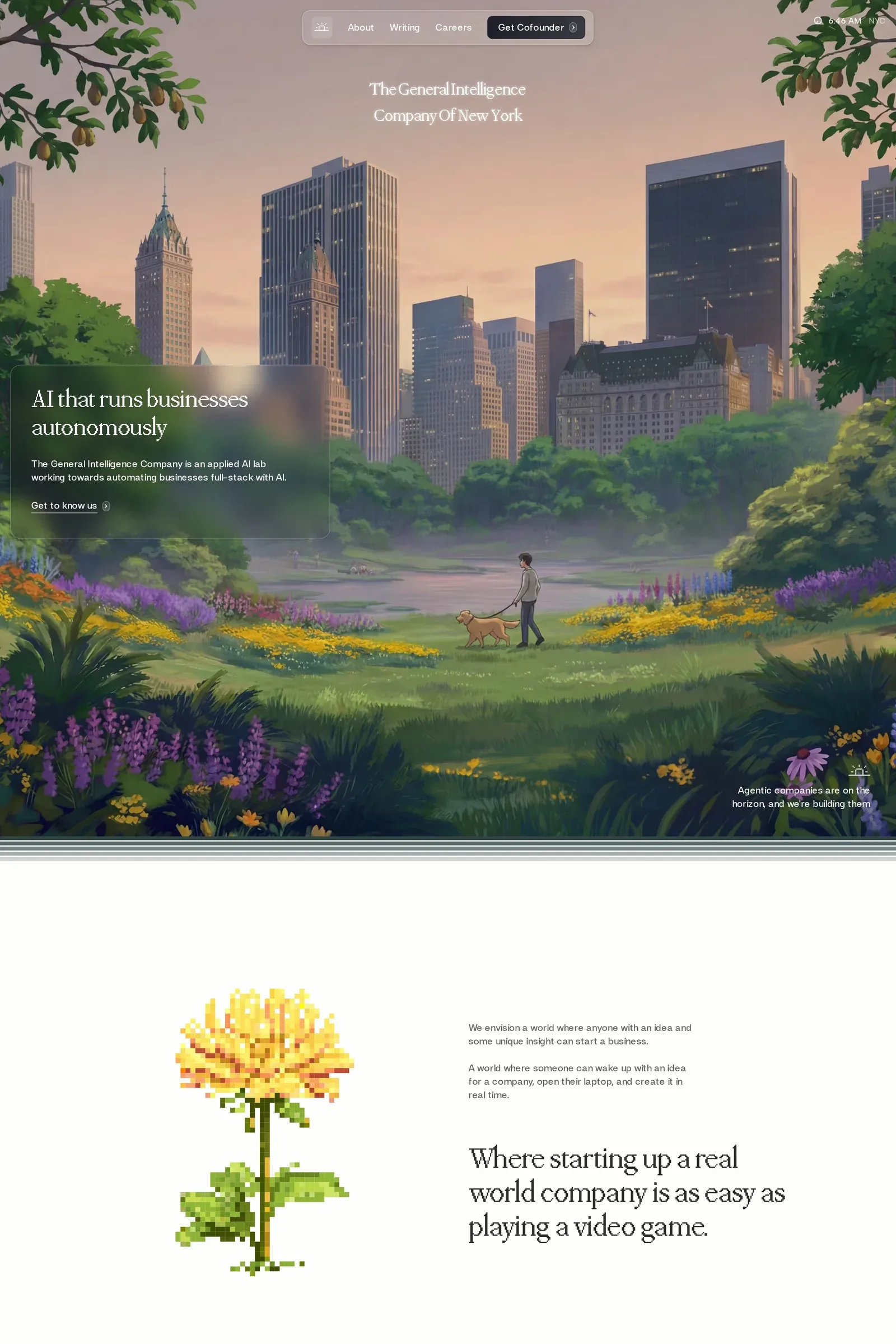 The General Intelligence Company — screenshot of a typographic AI landing page in white and blue