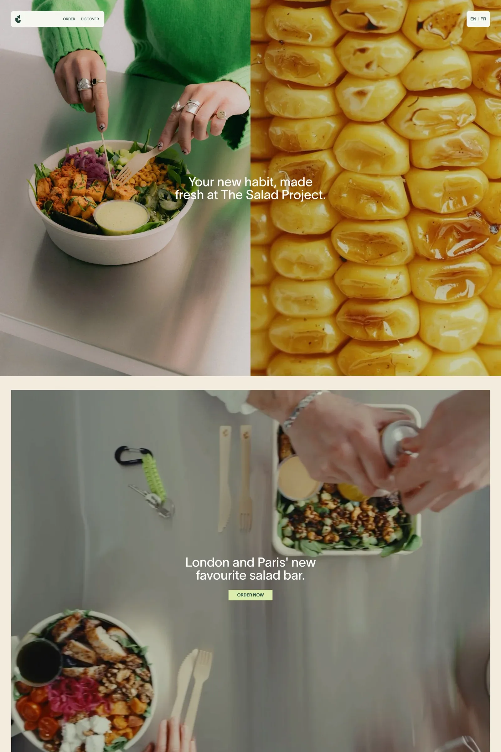 The Salad Project — screenshot of an elegant, neutral food and drink landing page in cream and green