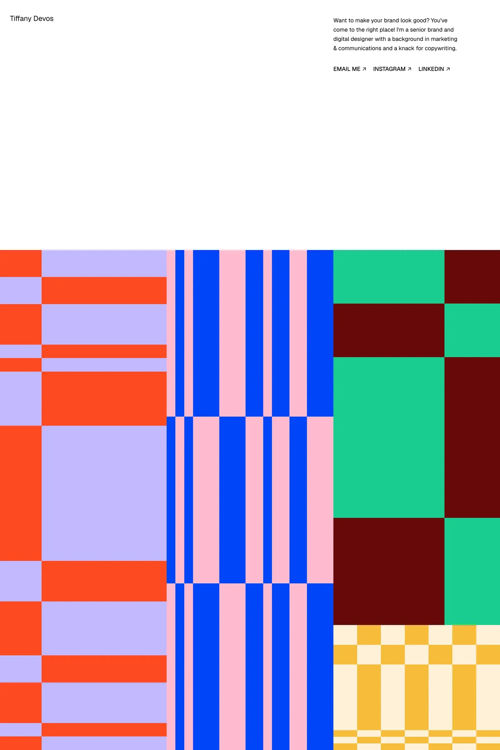 Tiffany Devos — screenshot of a multi-coloured, boxy design portfolio site in white and blue