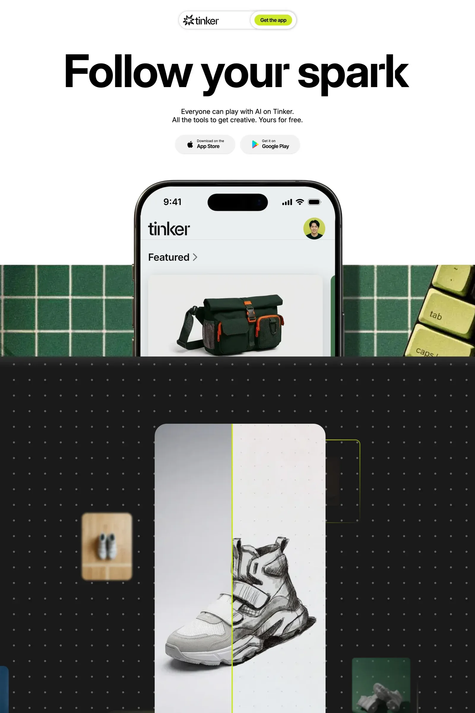 Tinker — screenshot of a typographic, boxy AI landing page in white and black