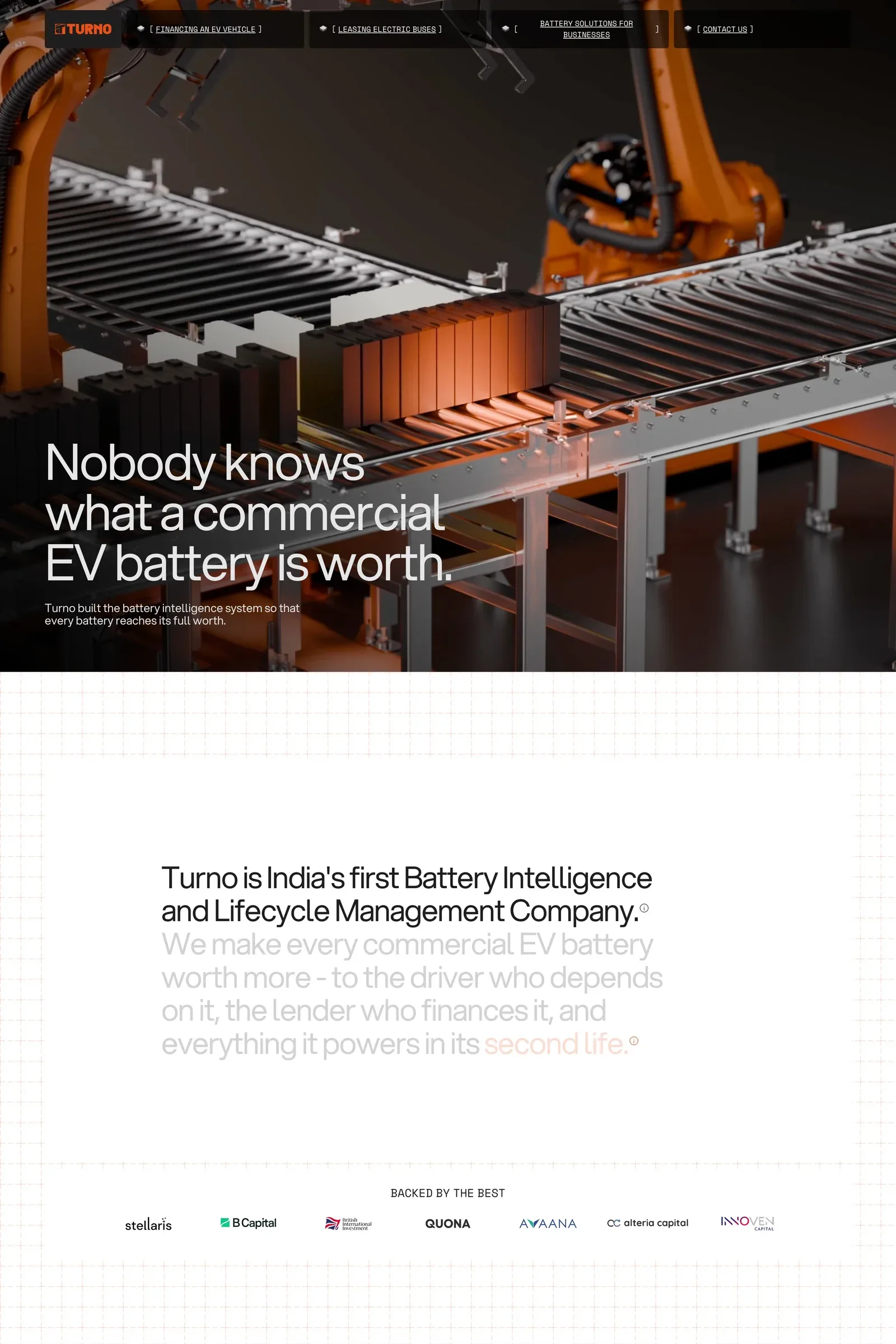 Turno — screenshot of a dark, 3D transport landing page in dark grey and black