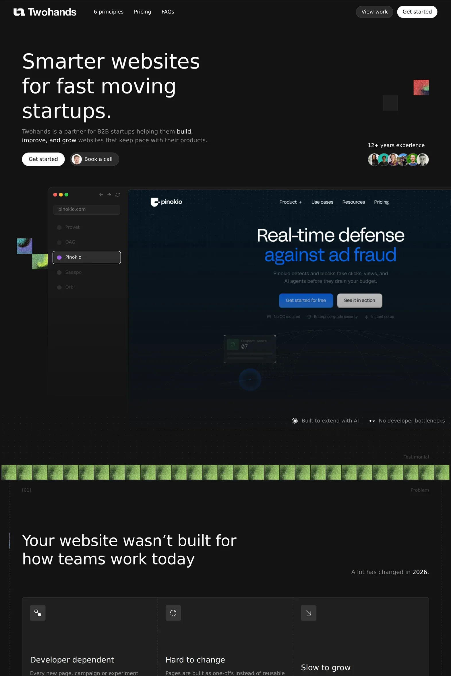 Twohands — screenshot of a dark, typographic design agency site in black and white