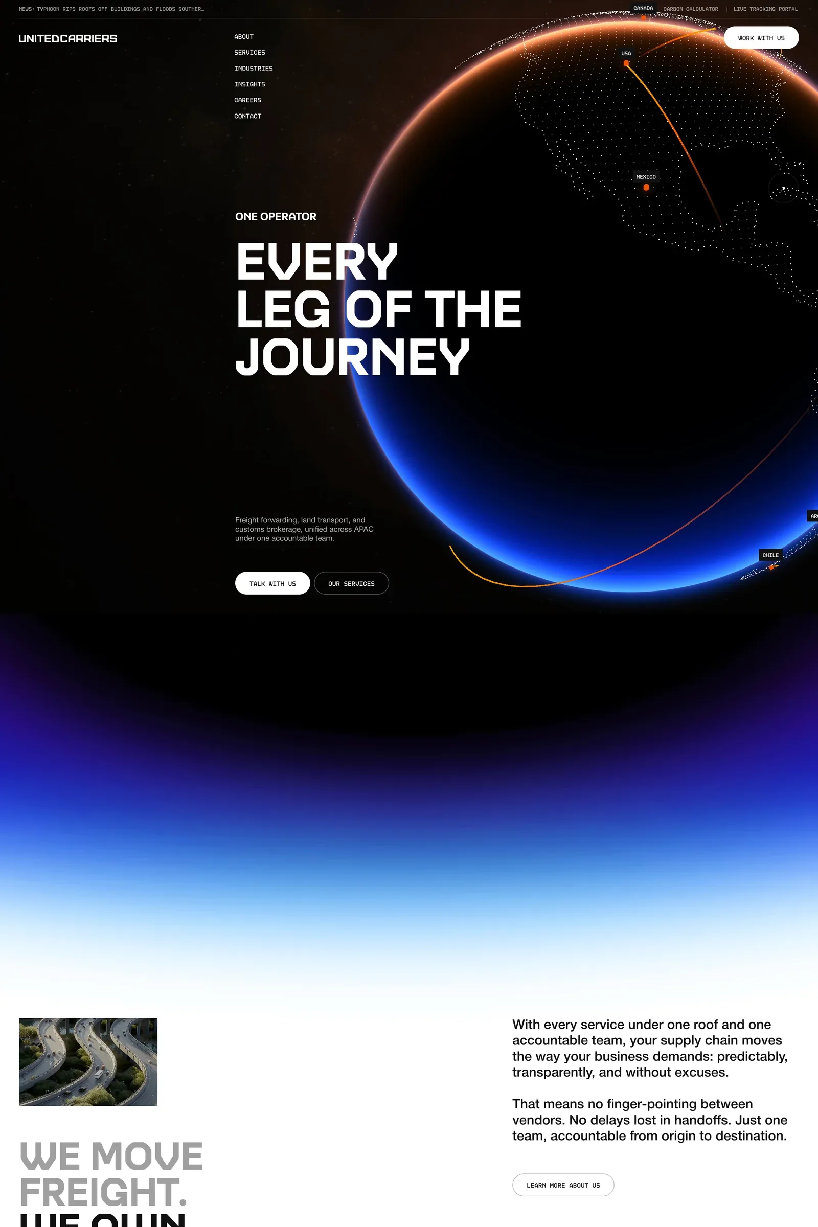 United Carriers — screenshot of a dark, typographic transport landing page in black and white