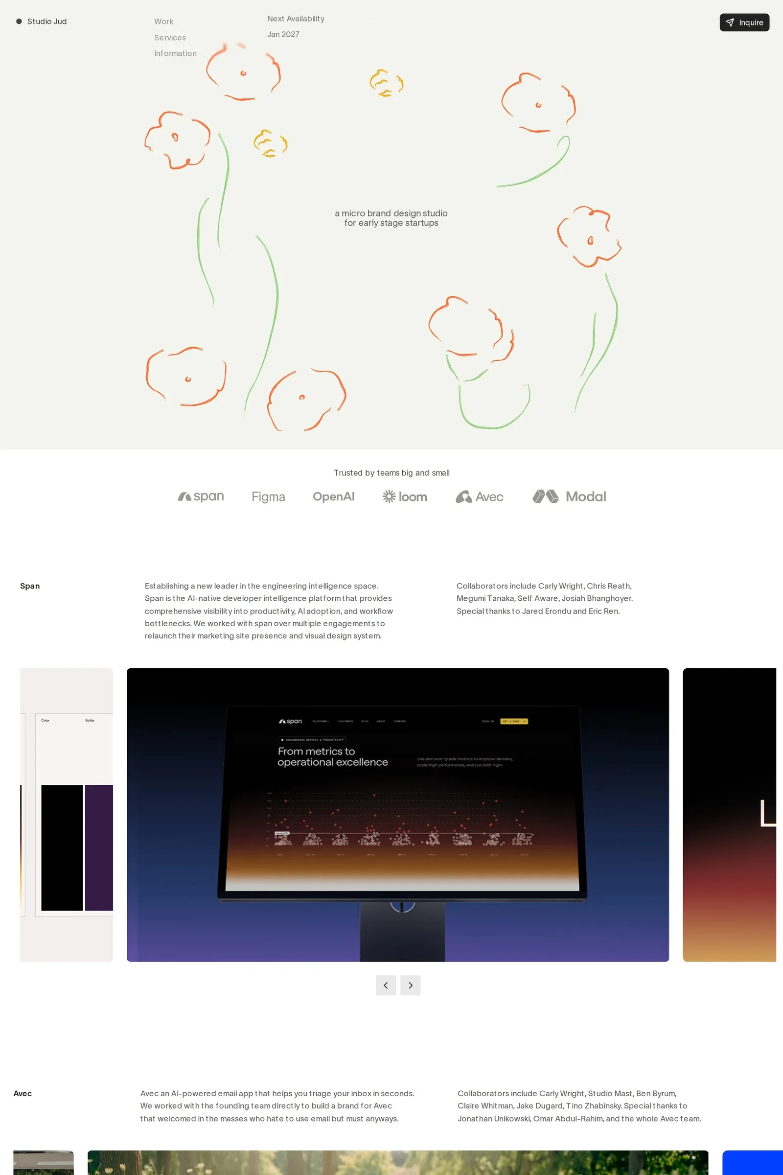 Studio Jud — screenshot of a hand-drawn, minimal business landing page in cream and red