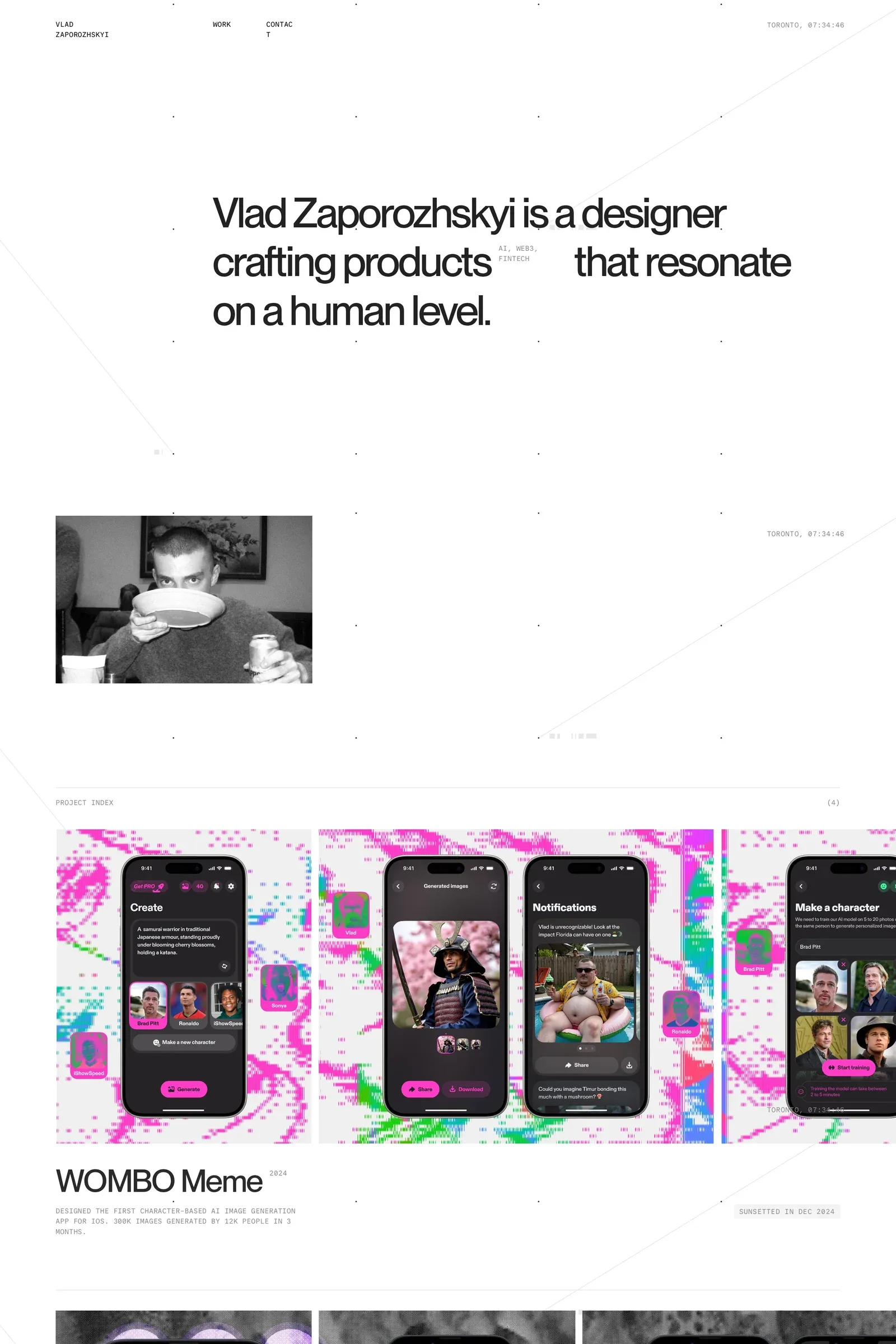 Vlad Zaporozhskyi — screenshot of a minimal design portfolio site in white and light grey