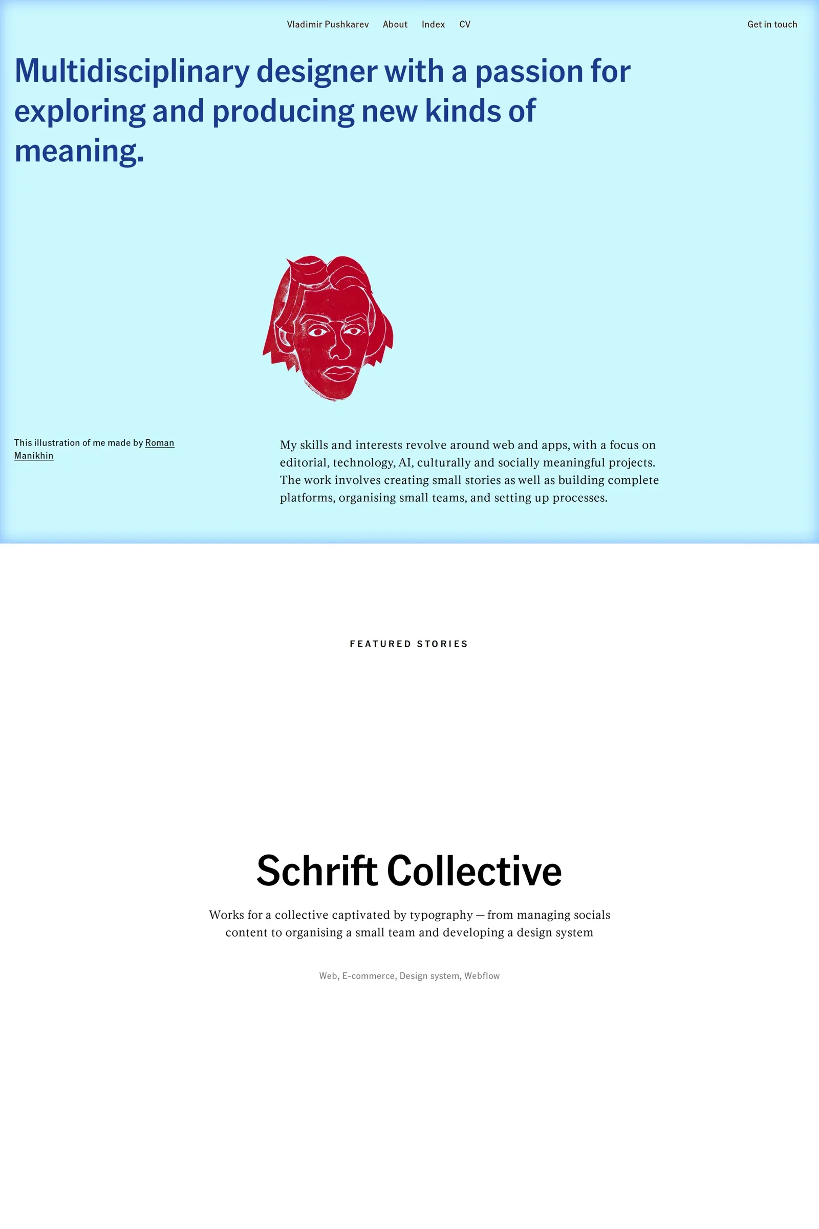 Vladimir Pushkarev — screenshot of a typographic, light design portfolio site in light blue and dark blue