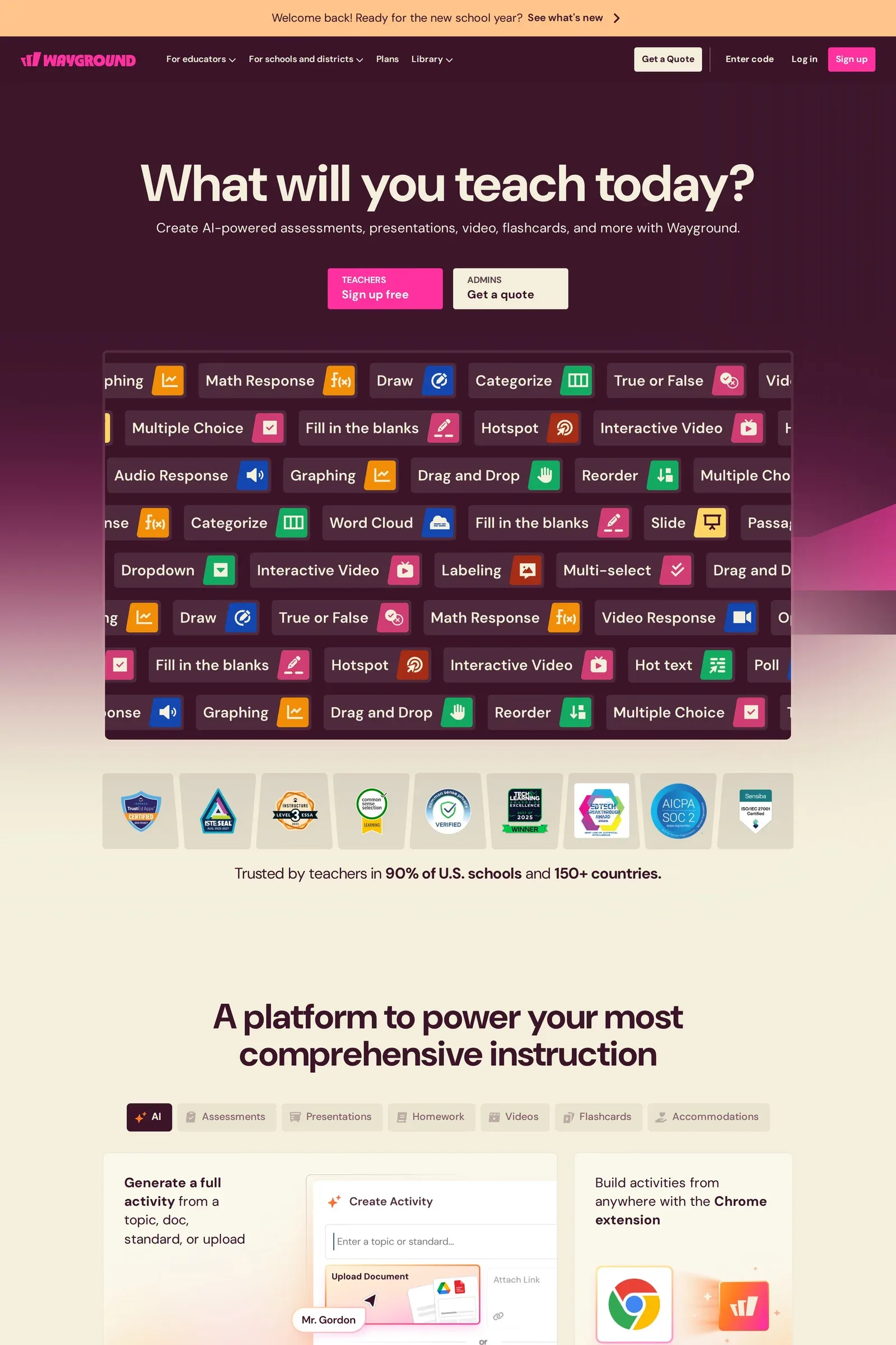 Wayground — screenshot of a colourful education landing page in dark purple and cream