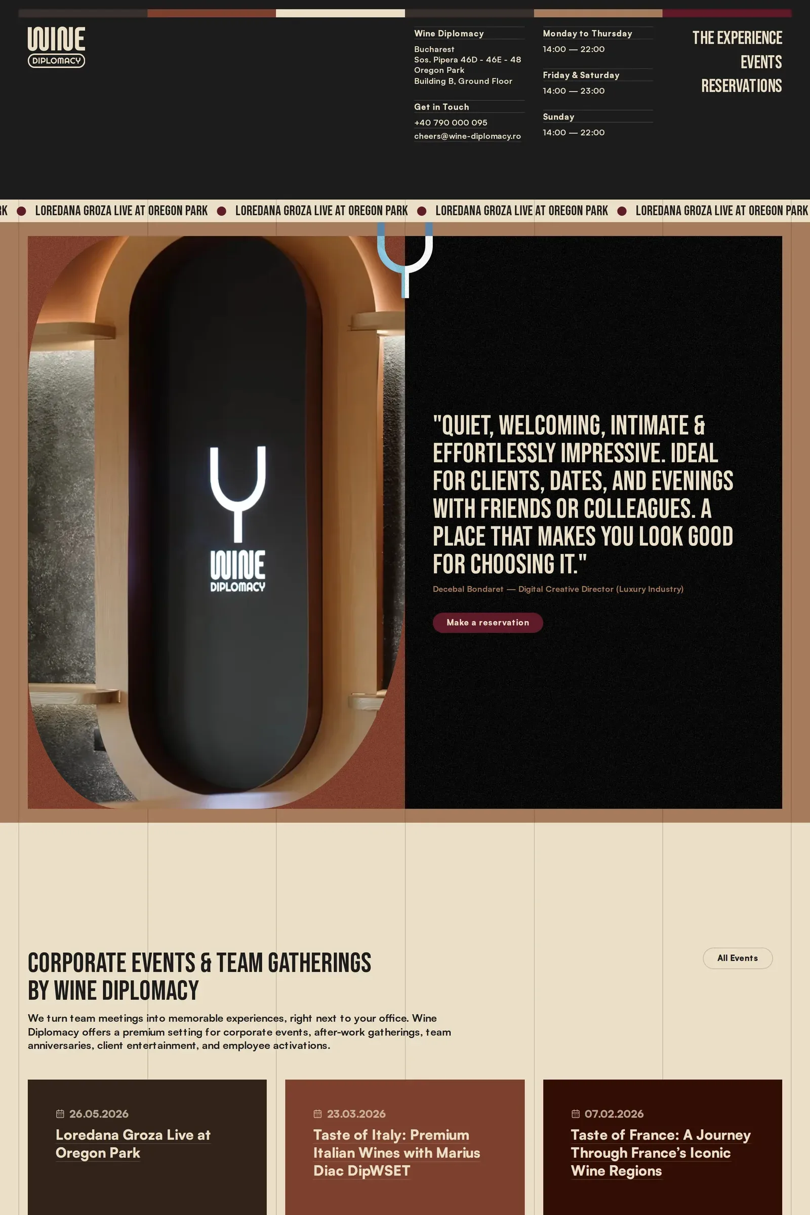 Wine Diplomacy — screenshot of a dark, colourful food and drink one-page site in black and brown