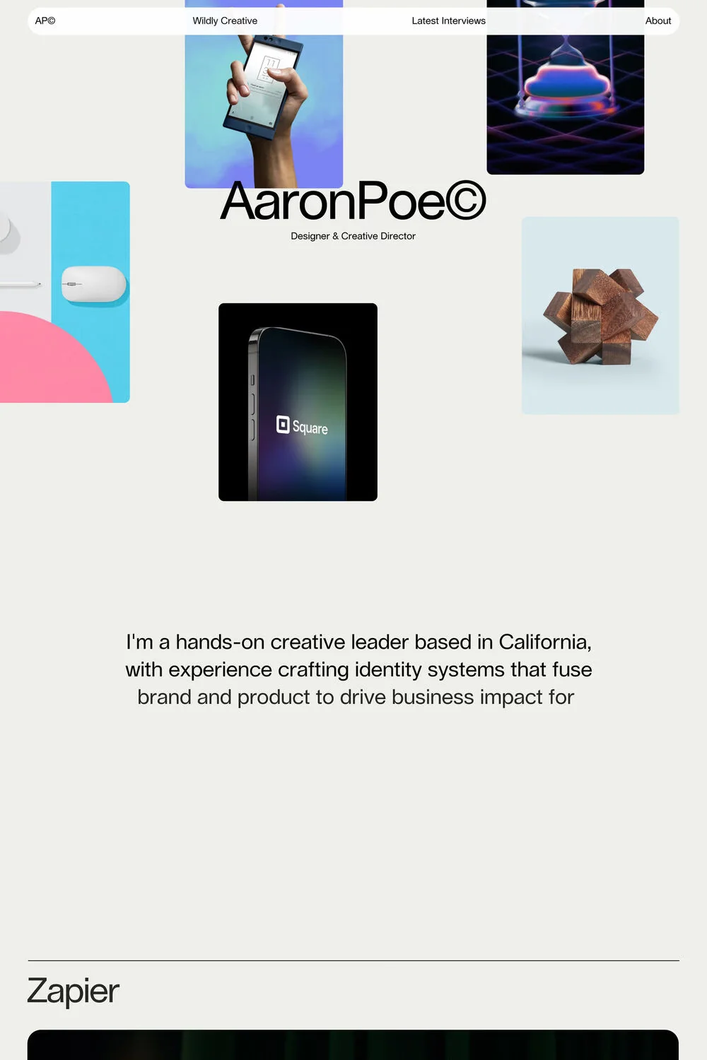 Aaron Poe — screenshot of a light, minimal design portfolio site in white and grey