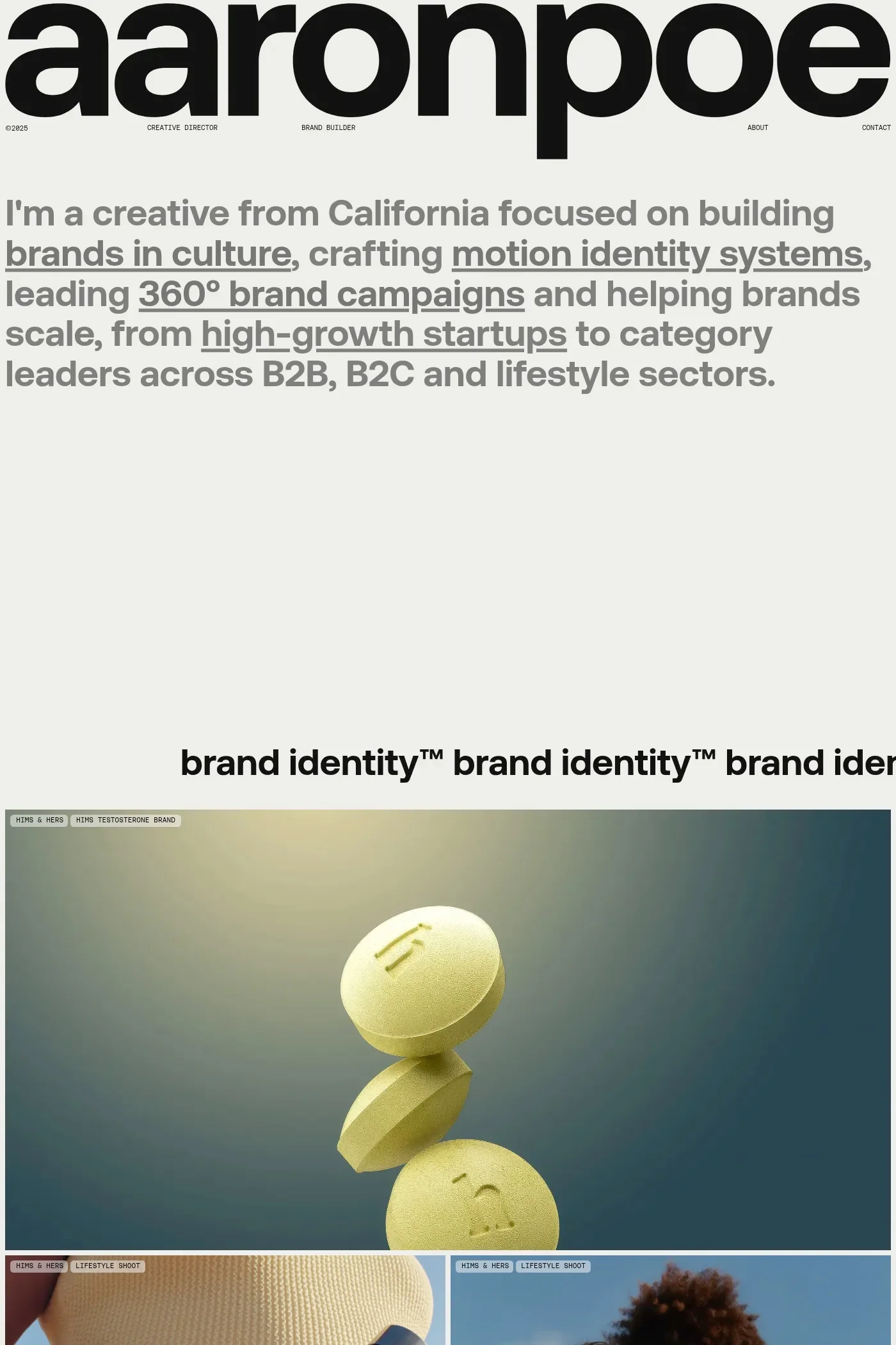 Aaron Poe — screenshot of a light, minimal design portfolio site in white and grey