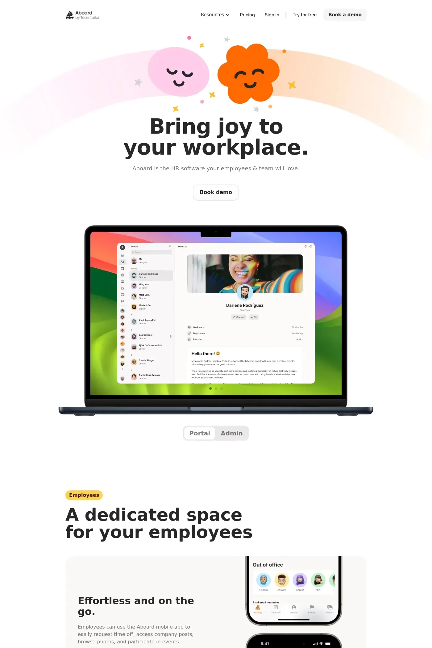 Aboard — screenshot of a fun, colourful human resources landing page in white and light pink