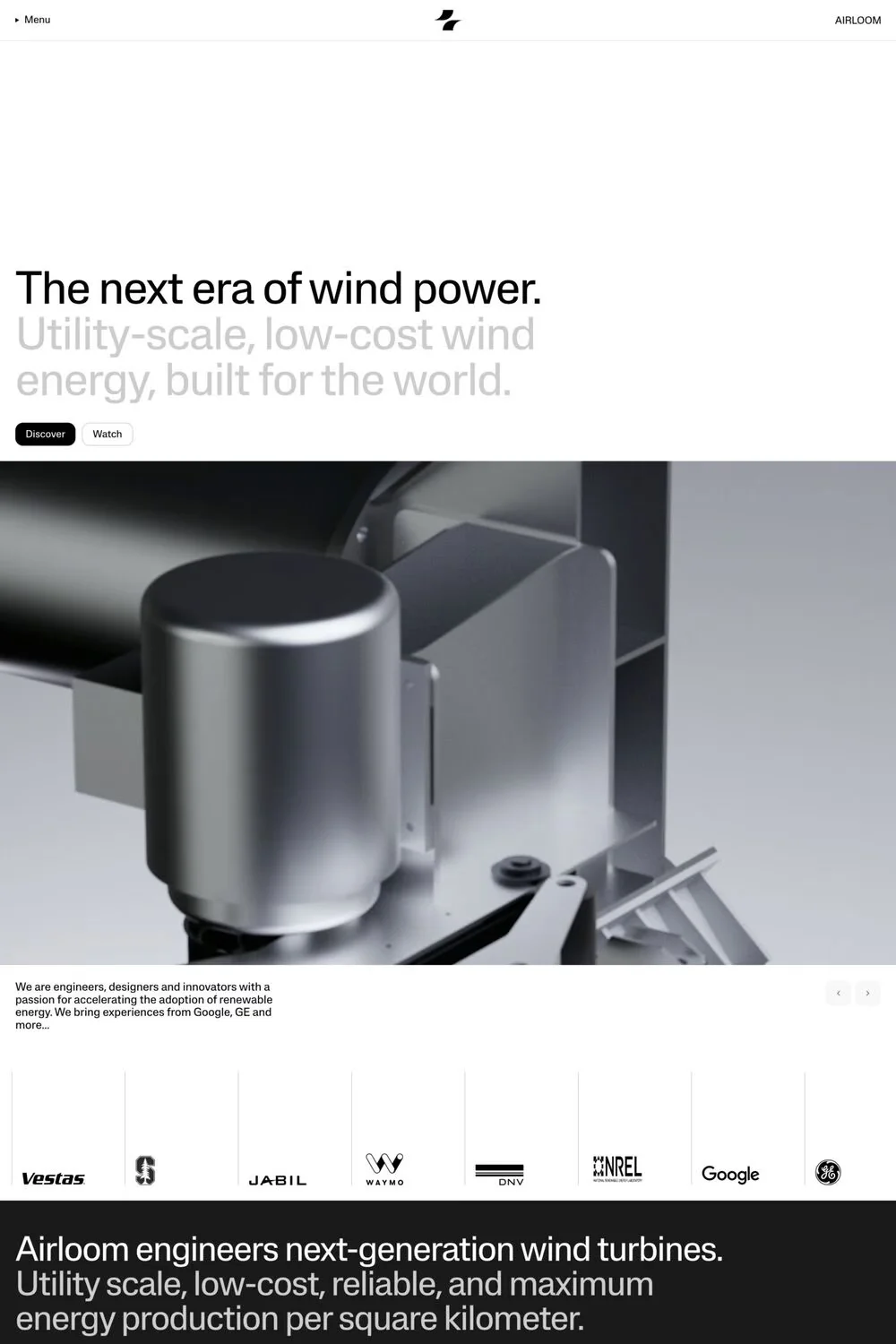 Airloom — screenshot of a minimal, detailed energy landing page in white and black